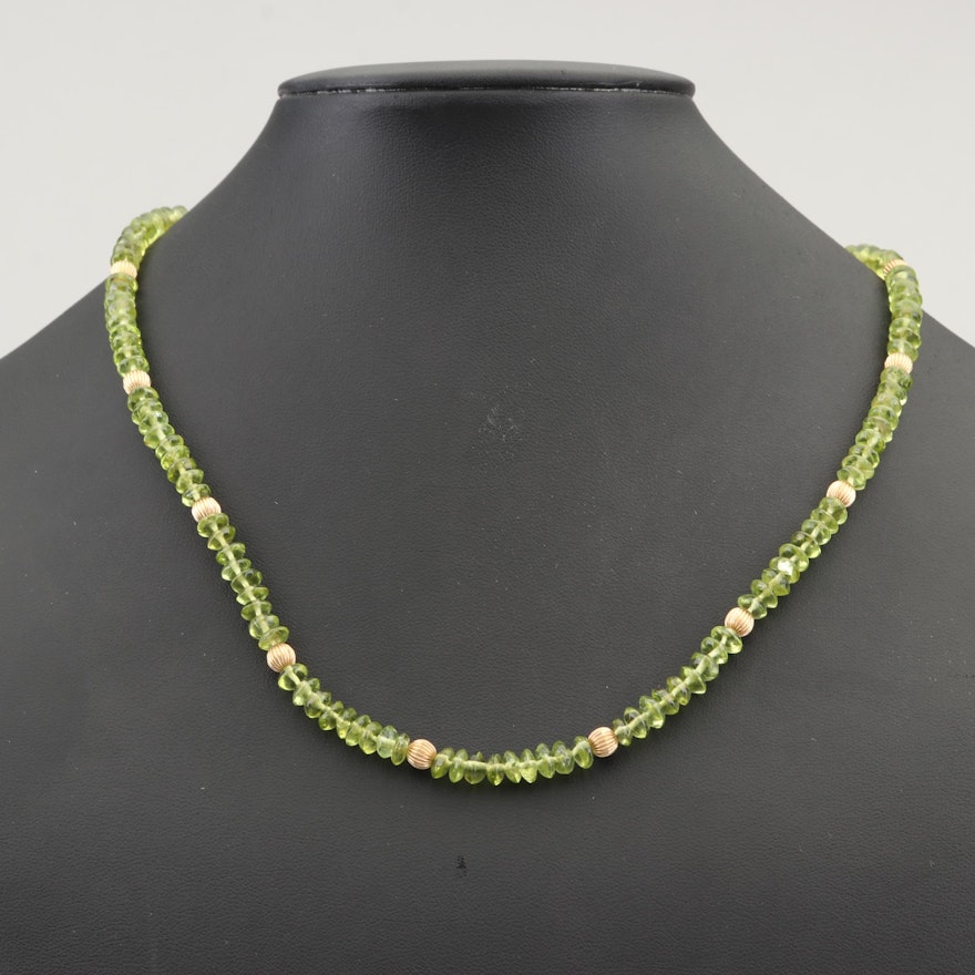 10K Yellow Gold Fluted Bead and Peridot Bead Necklace with 14K Gold Clasp