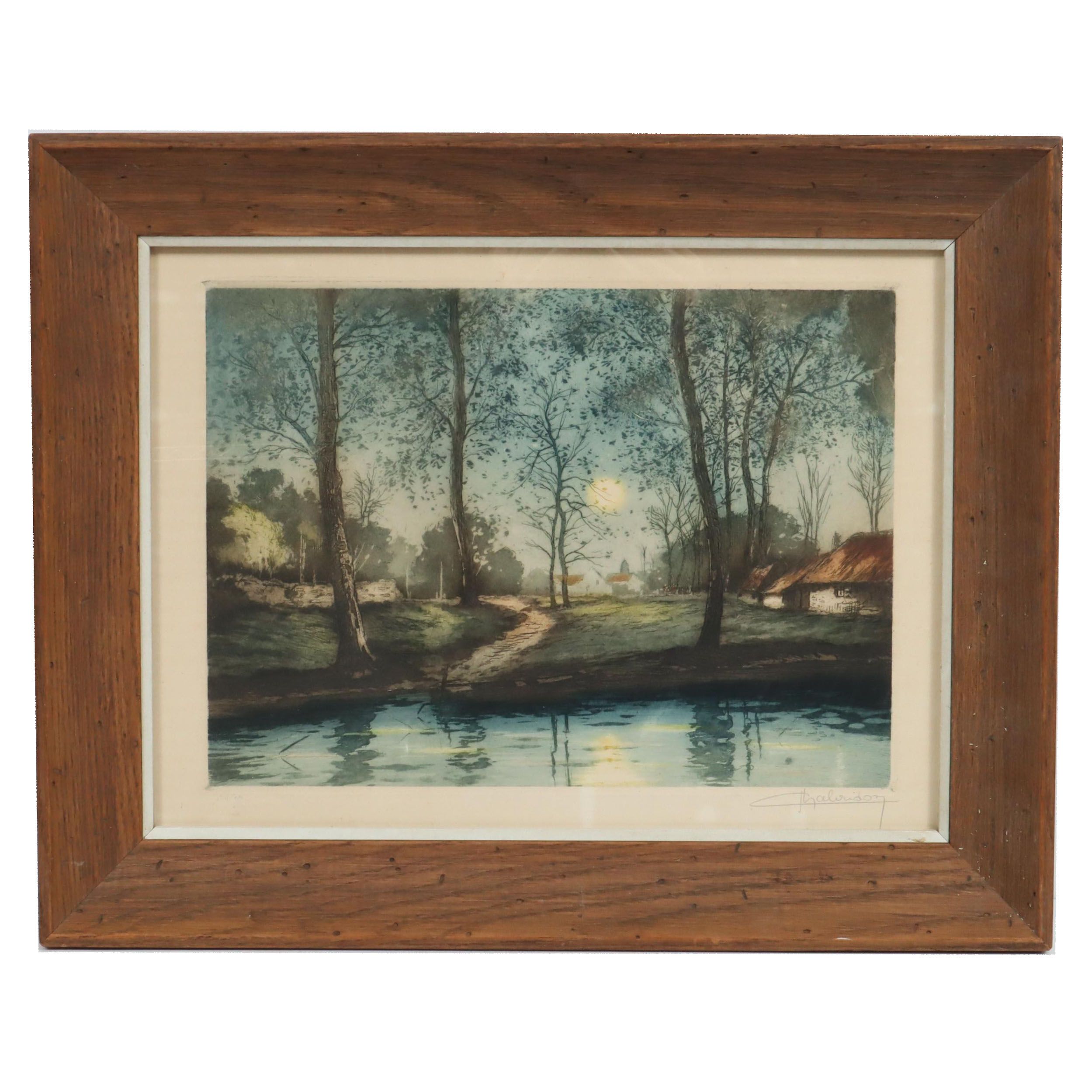 Jean-Joseph Chabridon Aquatint Etching "Riverside Village"
