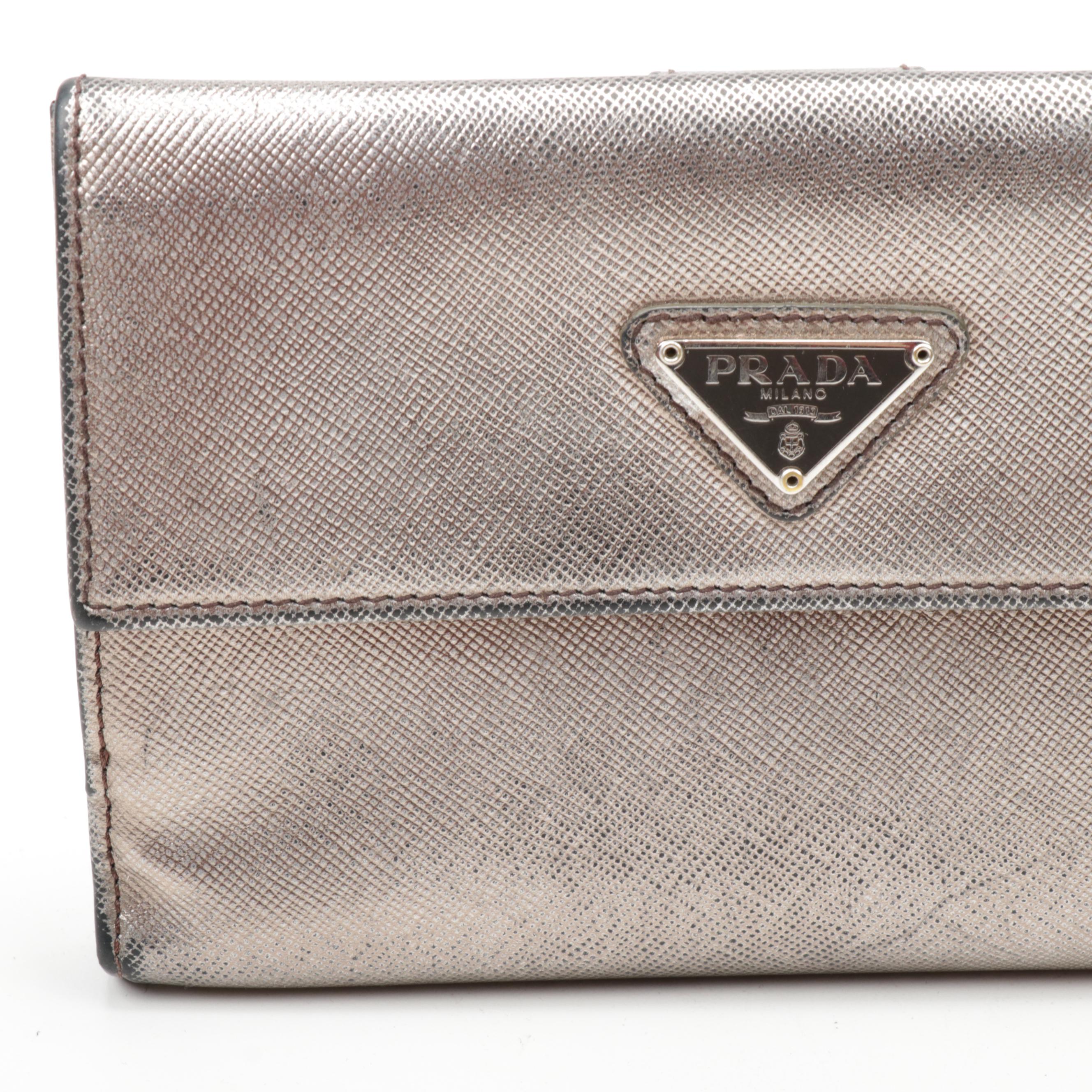 Prada Metallic Saffiano Leather Flap Wallet