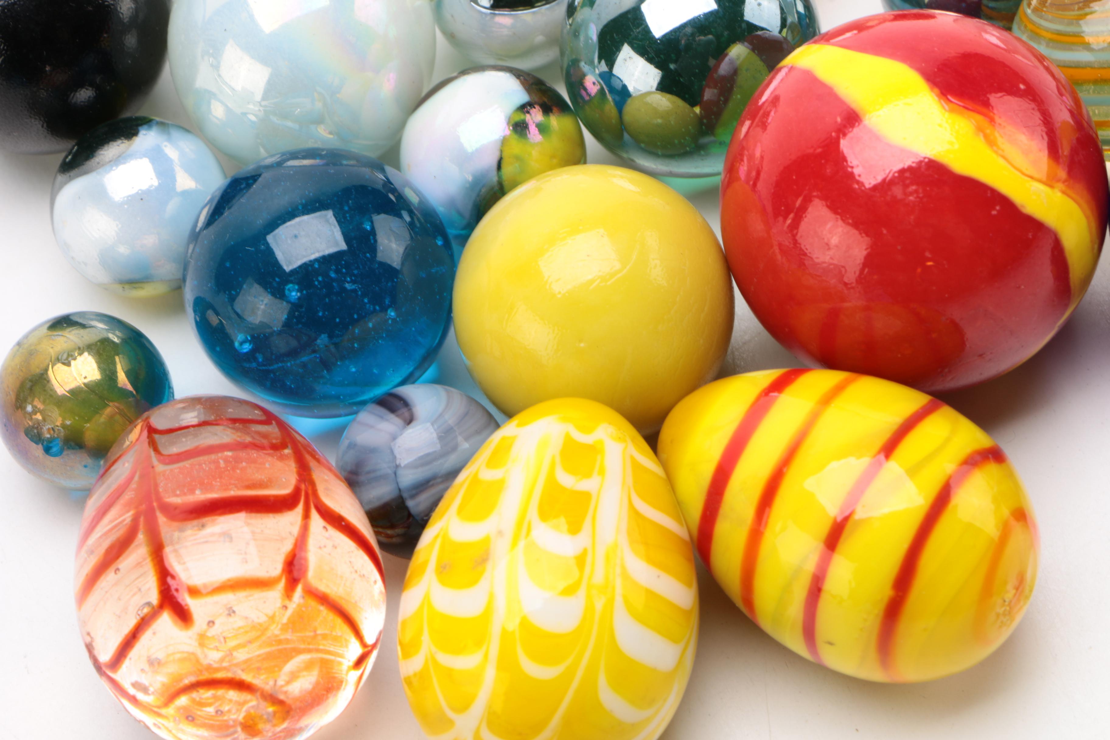 Handmade Glass Marbles and Shooters, Including Art Glass Eggs