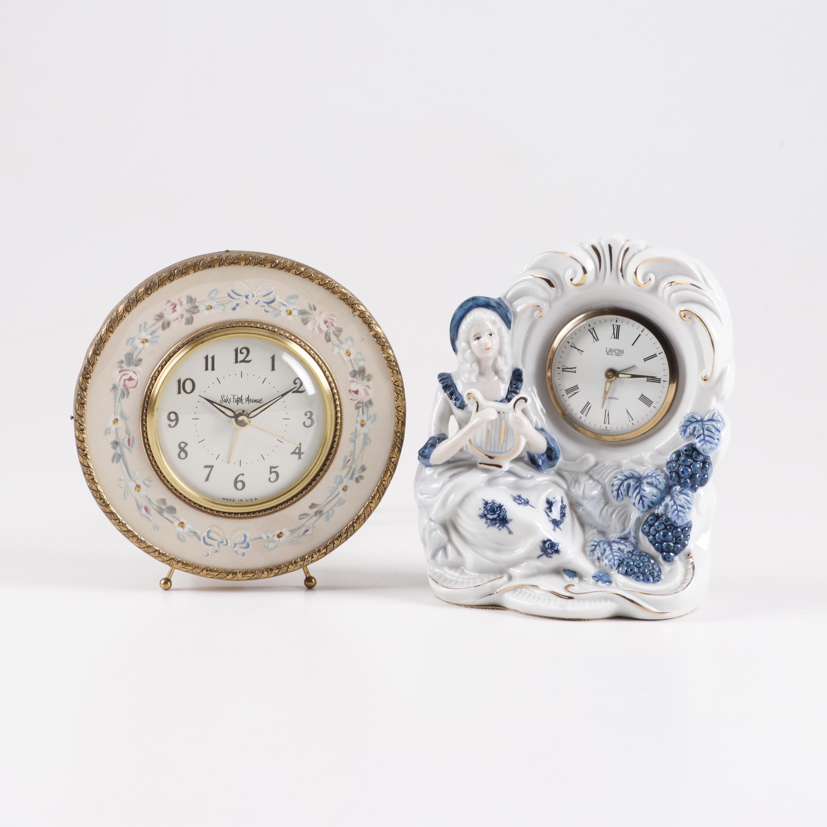 Vintage Porcelain and Brass Desk Clocks by Landex and Saks Fifth Avenue
