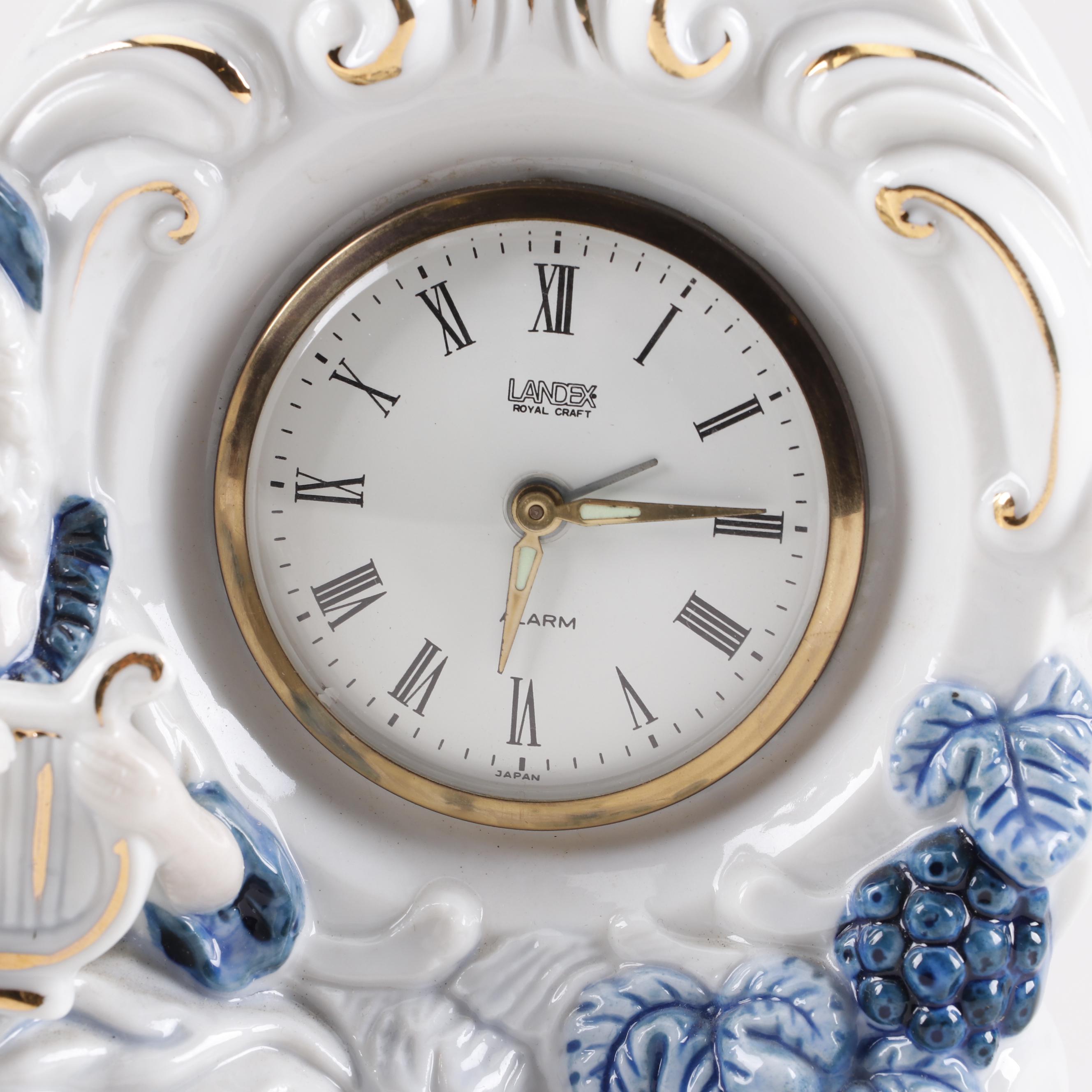 Vintage Porcelain and Brass Desk Clocks by Landex and Saks Fifth Avenue