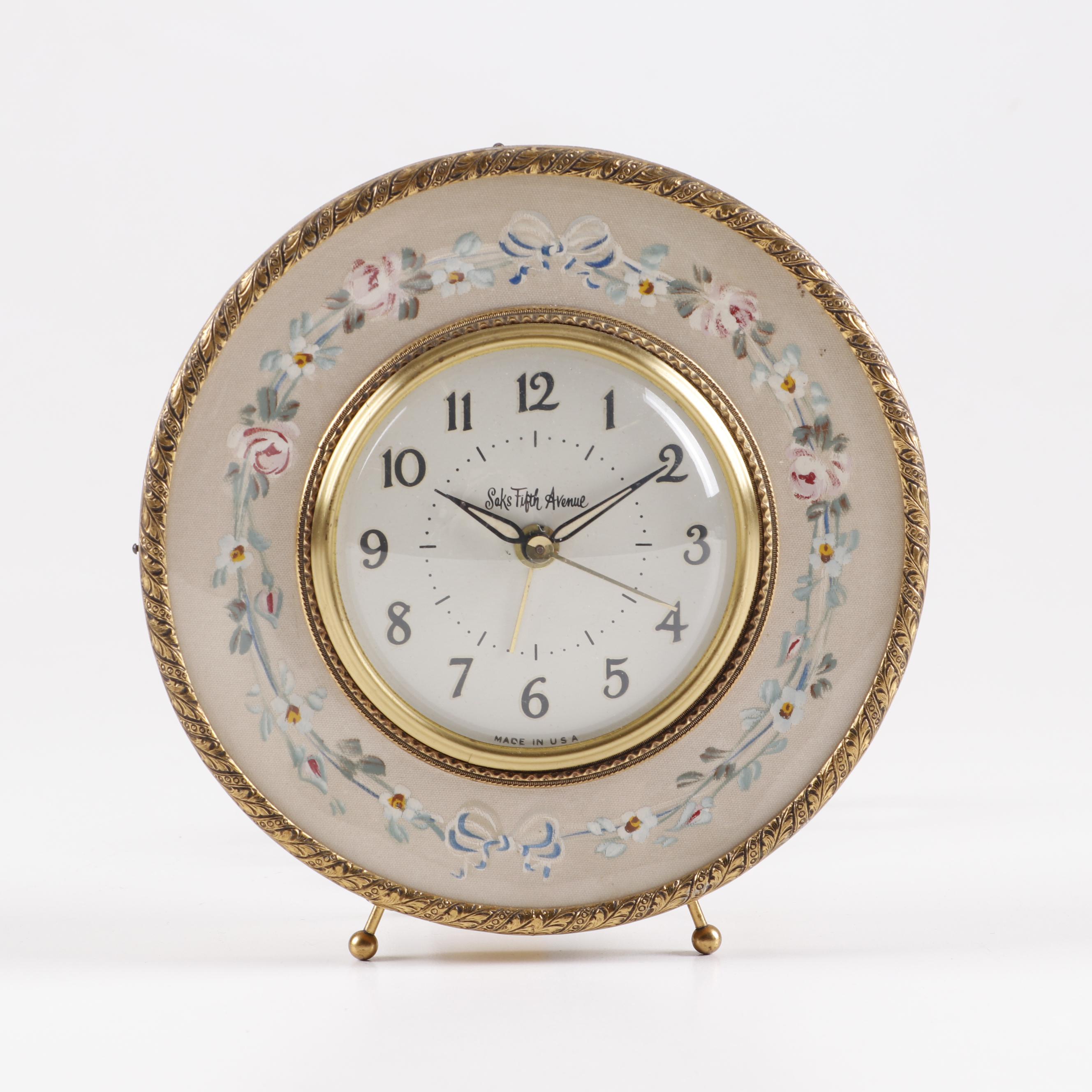 Vintage Porcelain and Brass Desk Clocks by Landex and Saks Fifth Avenue
