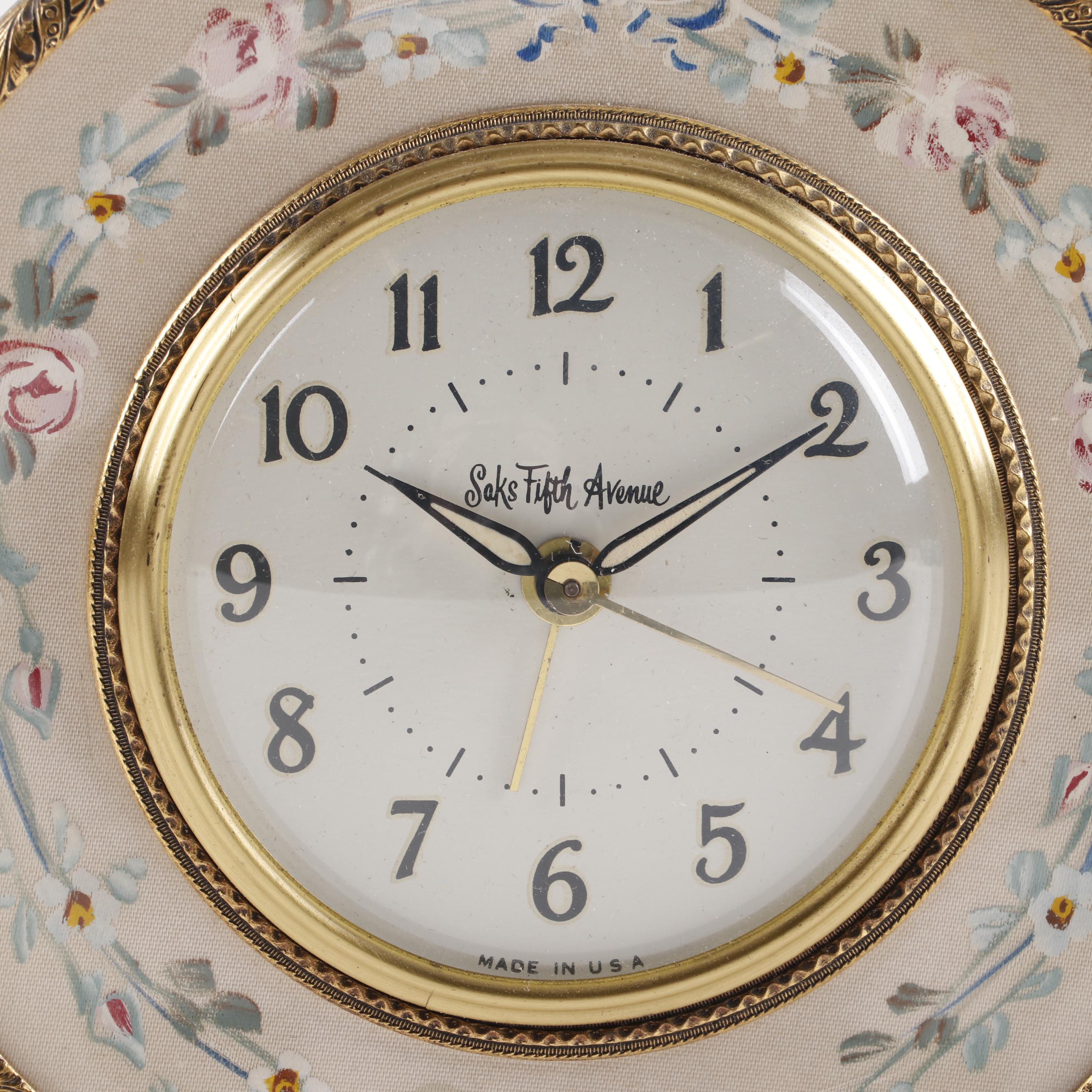 Vintage Porcelain and Brass Desk Clocks by Landex and Saks Fifth Avenue