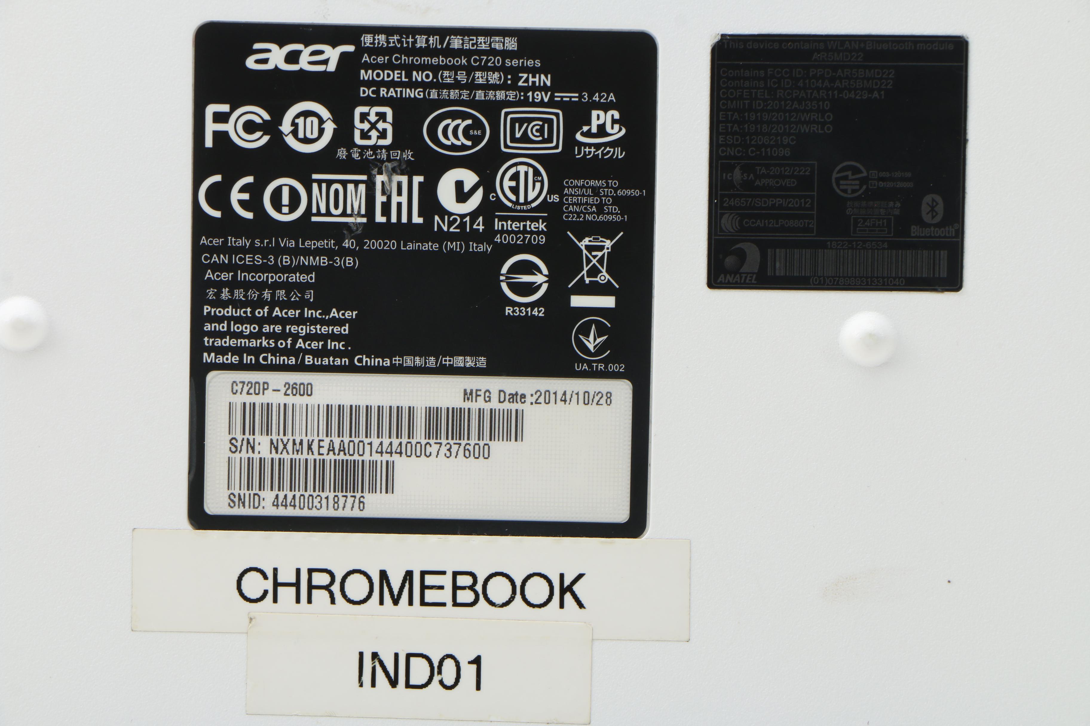 Acer Chromebook C720P-2600 Laptop with Charger