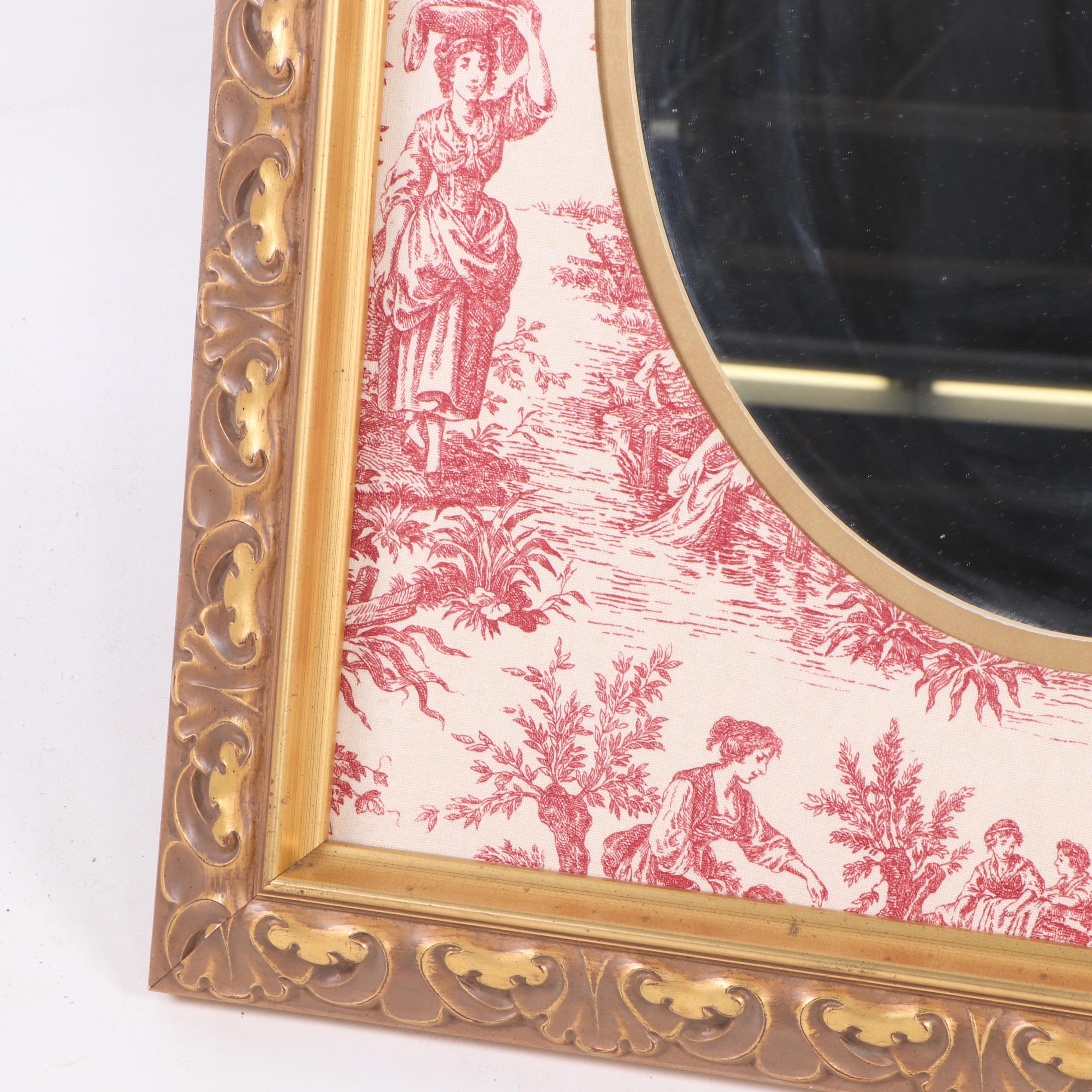 Rococo Revival Style Gold Painted Wall Mirror with Woven Toile Mat
