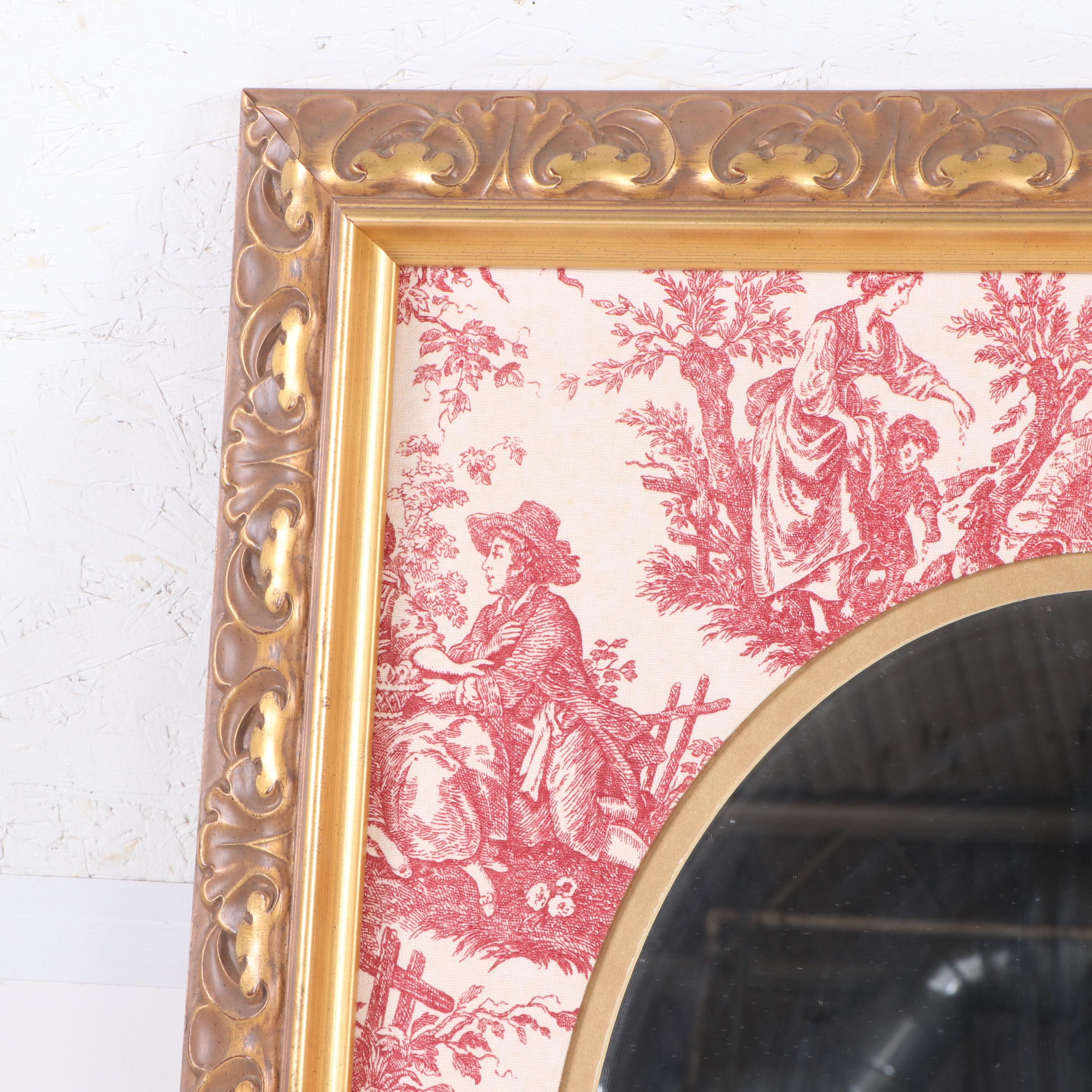 Rococo Revival Style Gold Painted Wall Mirror with Woven Toile Mat