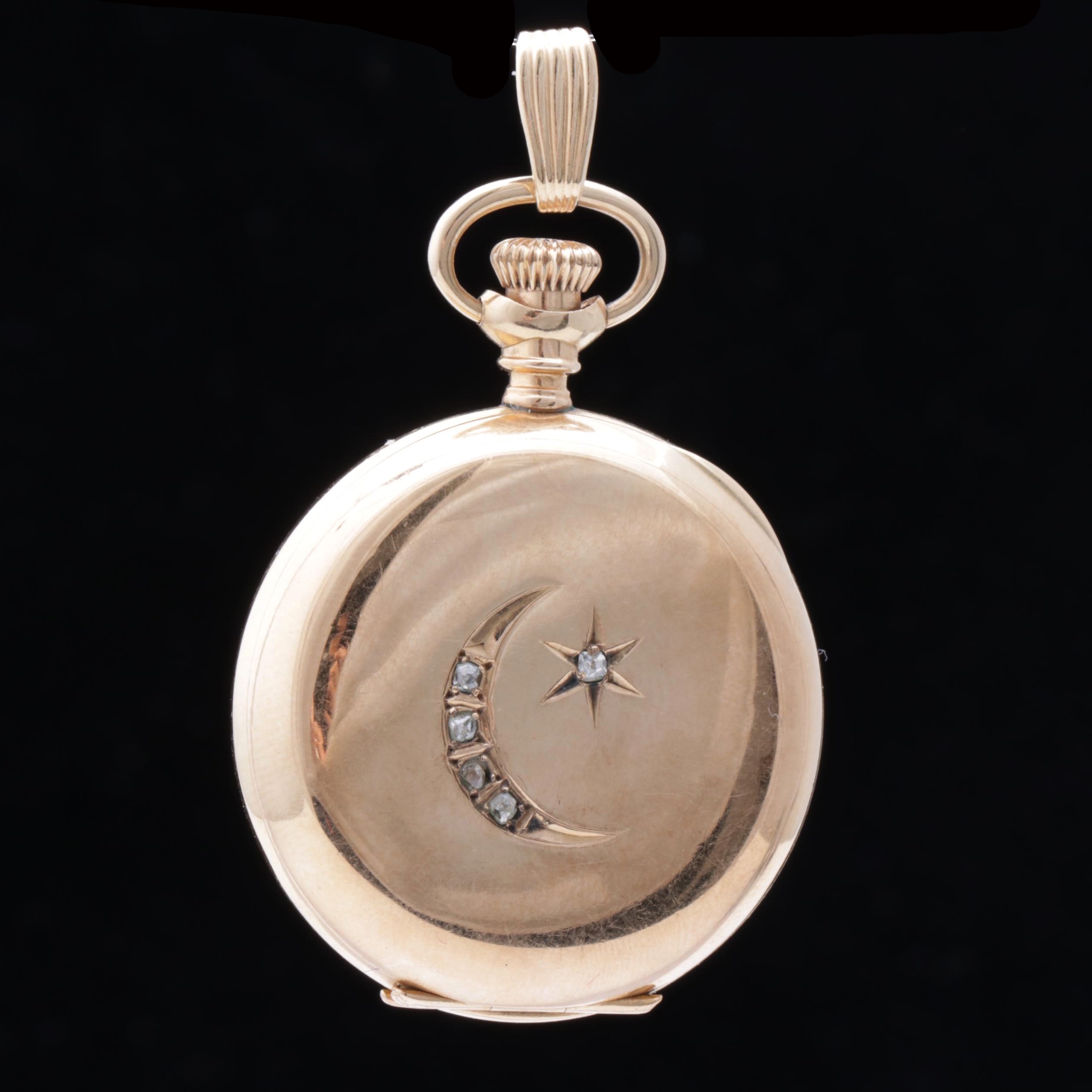 Elgin 14K Yellow Gold Old Mine Cut Diamond Pendant Watch, Early 1900s