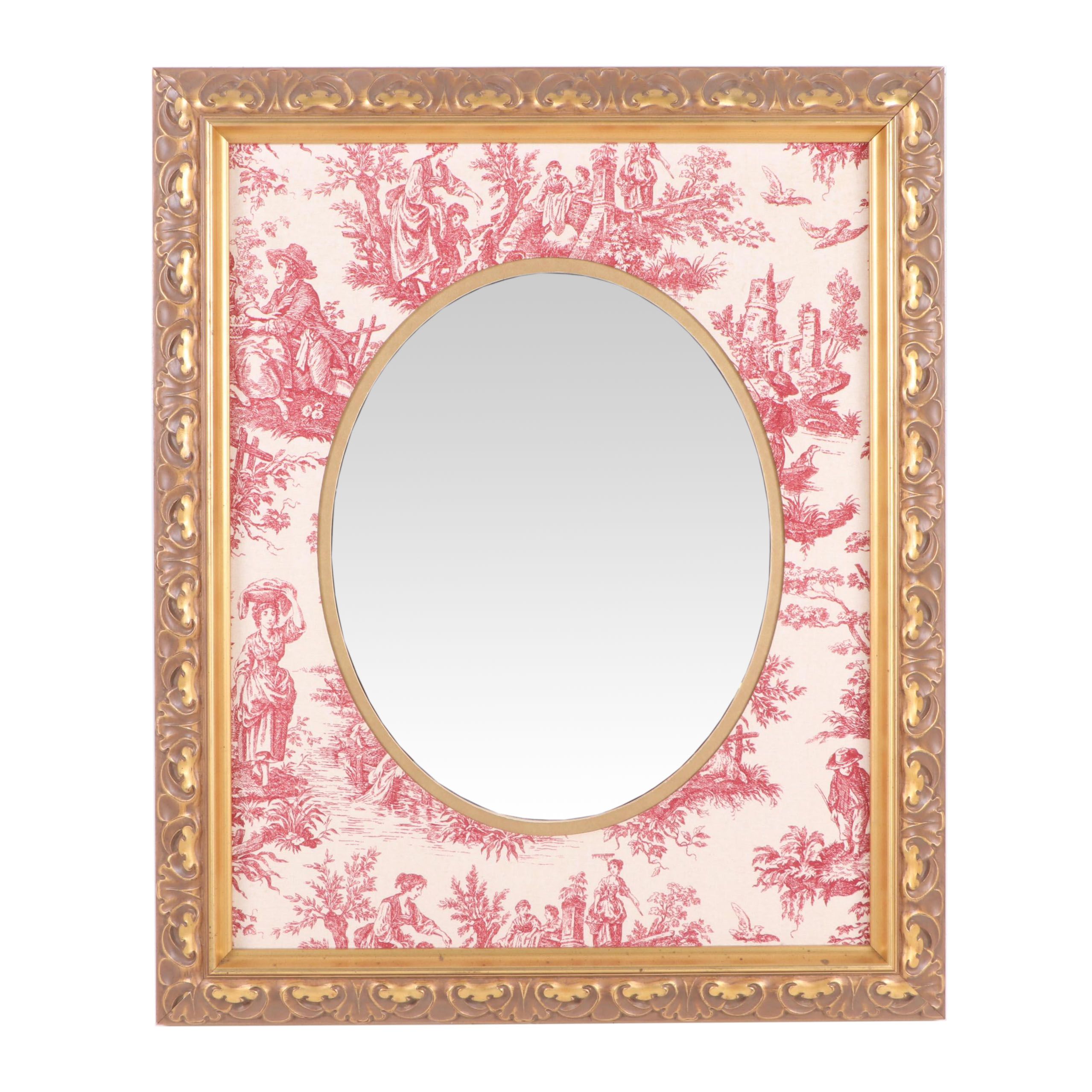 Rococo Revival Style Gold Painted Wall Mirror with Woven Toile Mat