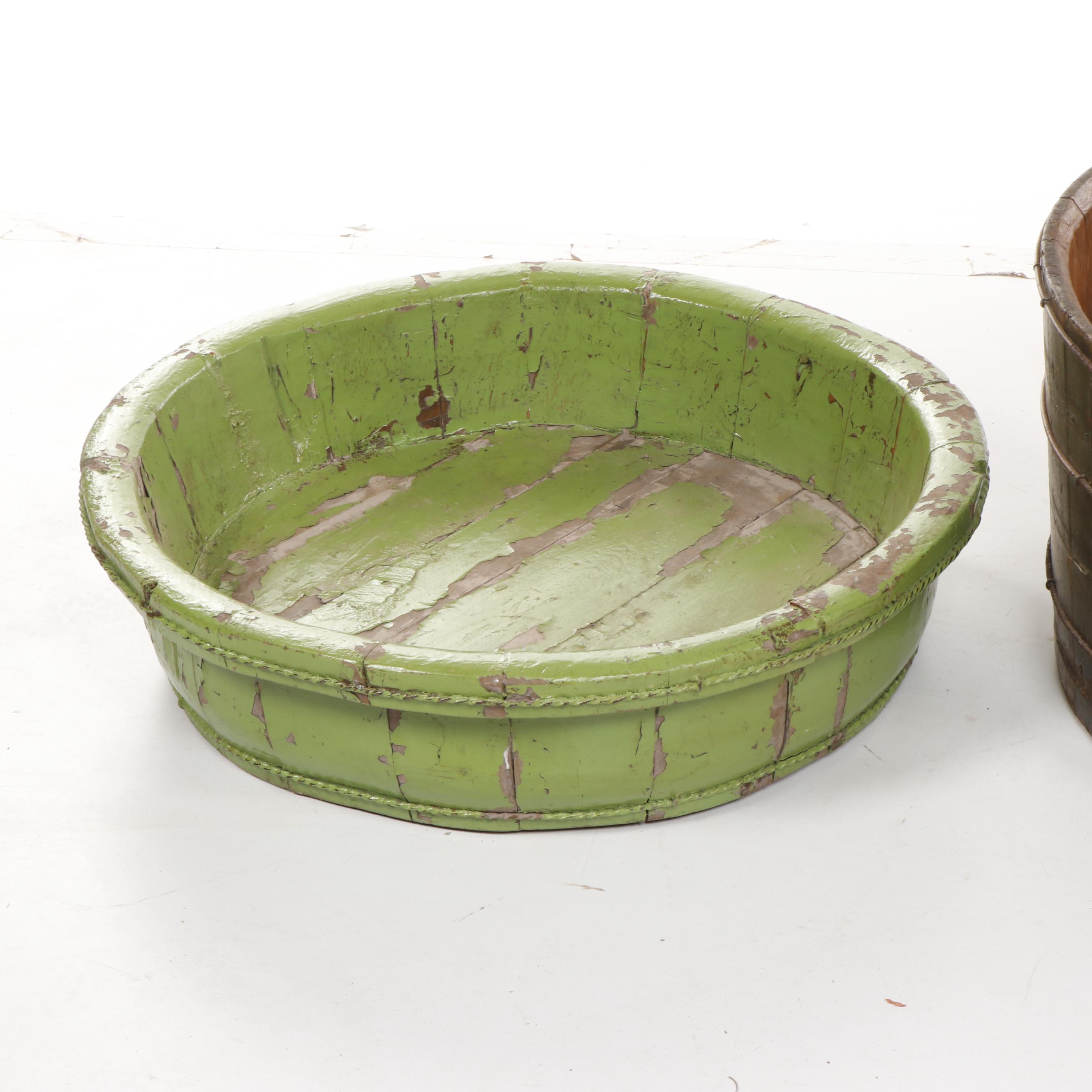 Large Vintage Wooden Buckets, Set of Two