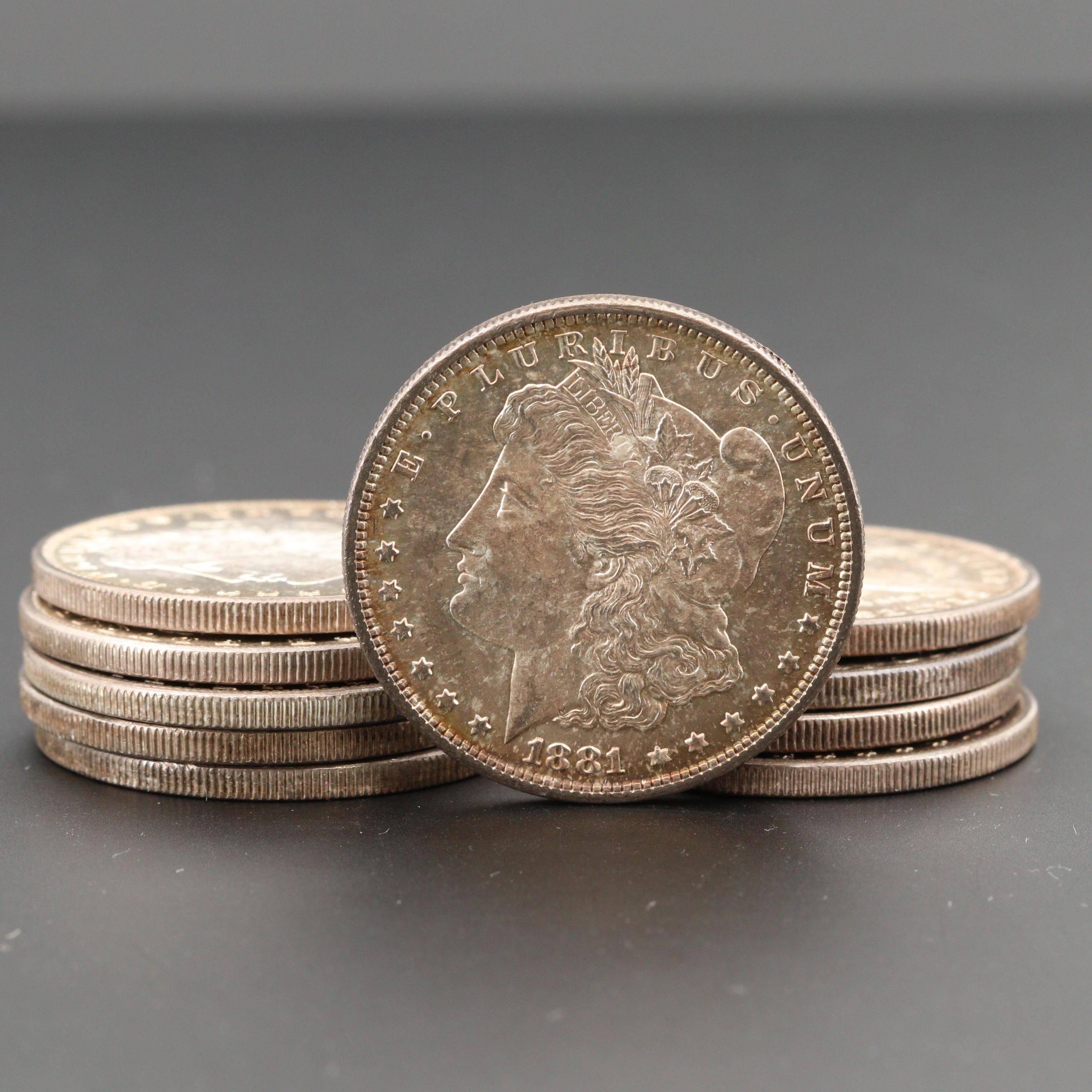 Ten Uncirculated 1881 Silver Morgan Dollars