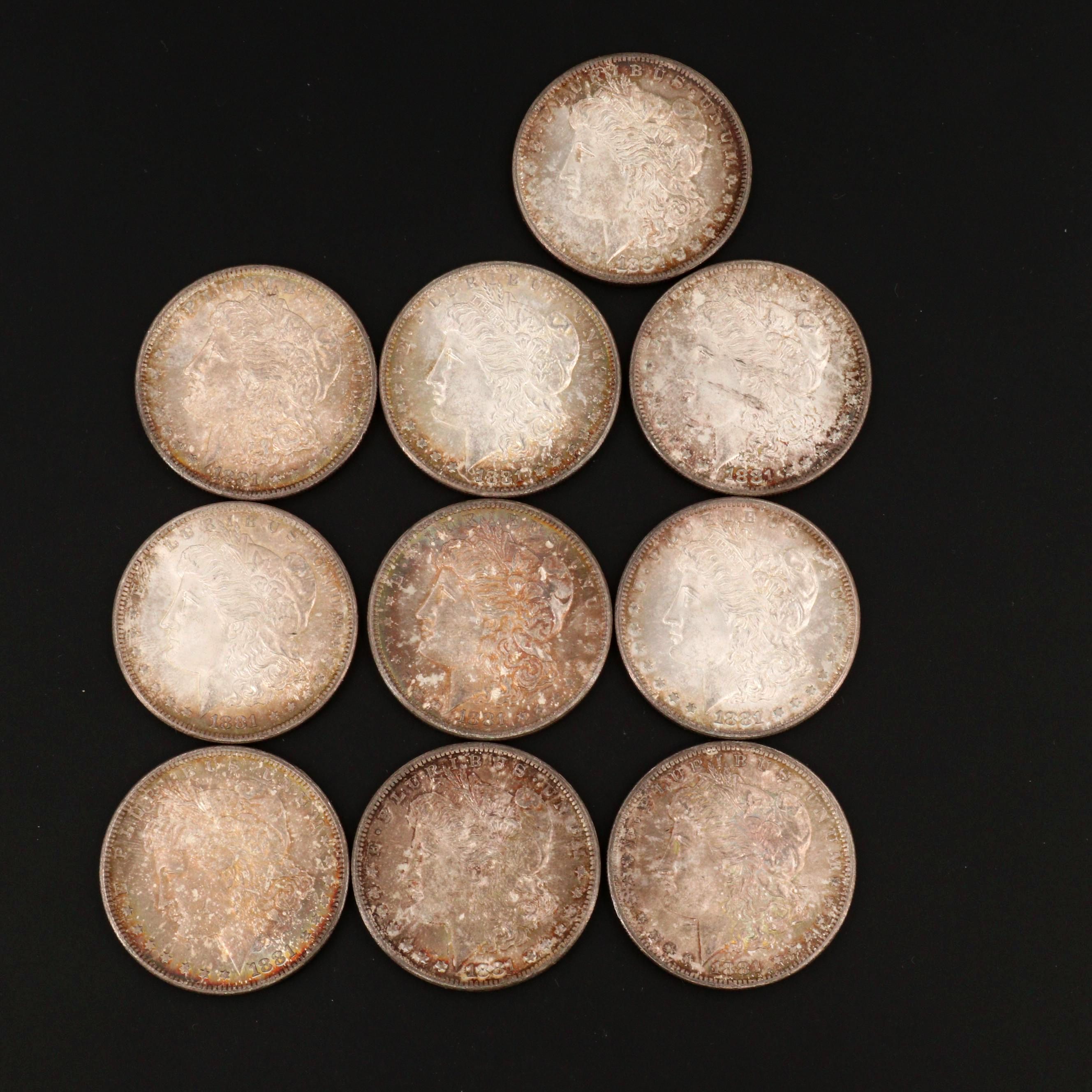 Ten Uncirculated 1881 Silver Morgan Dollars