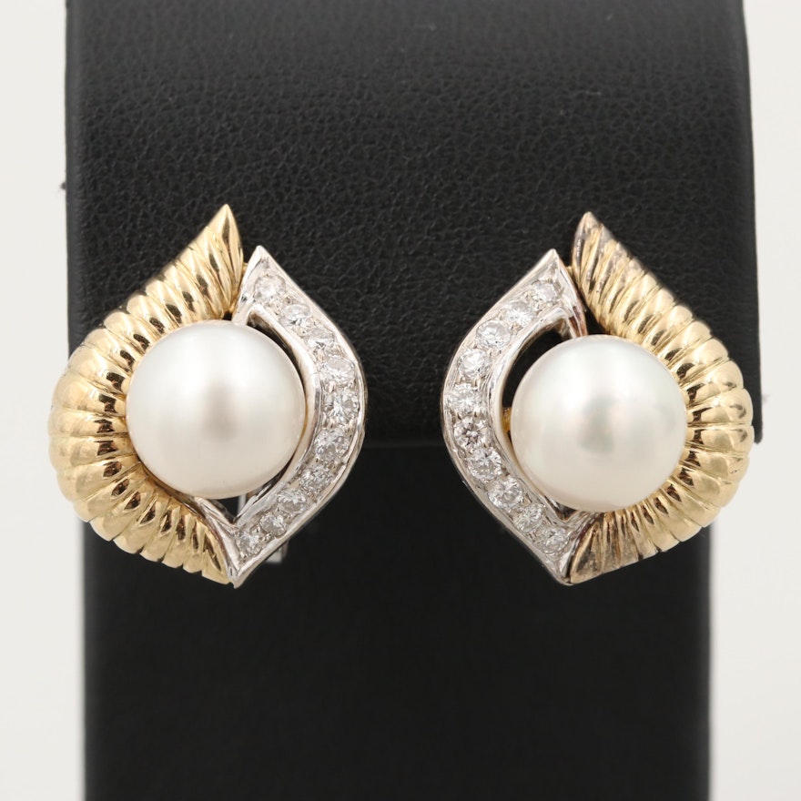 18K Yellow and White Gold Cultured Pearl and Diamond Earrings