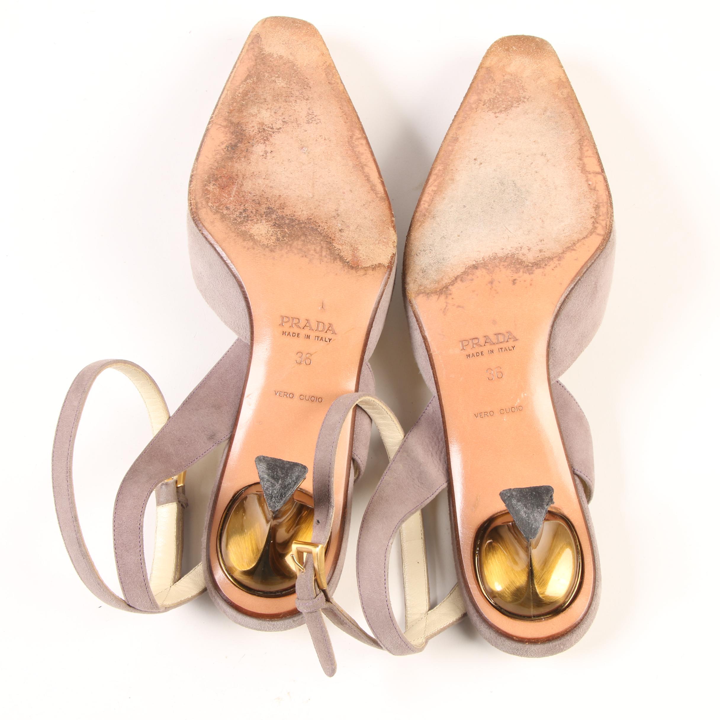 Prada Kitten Heels with Ankle Straps in Grey Suede