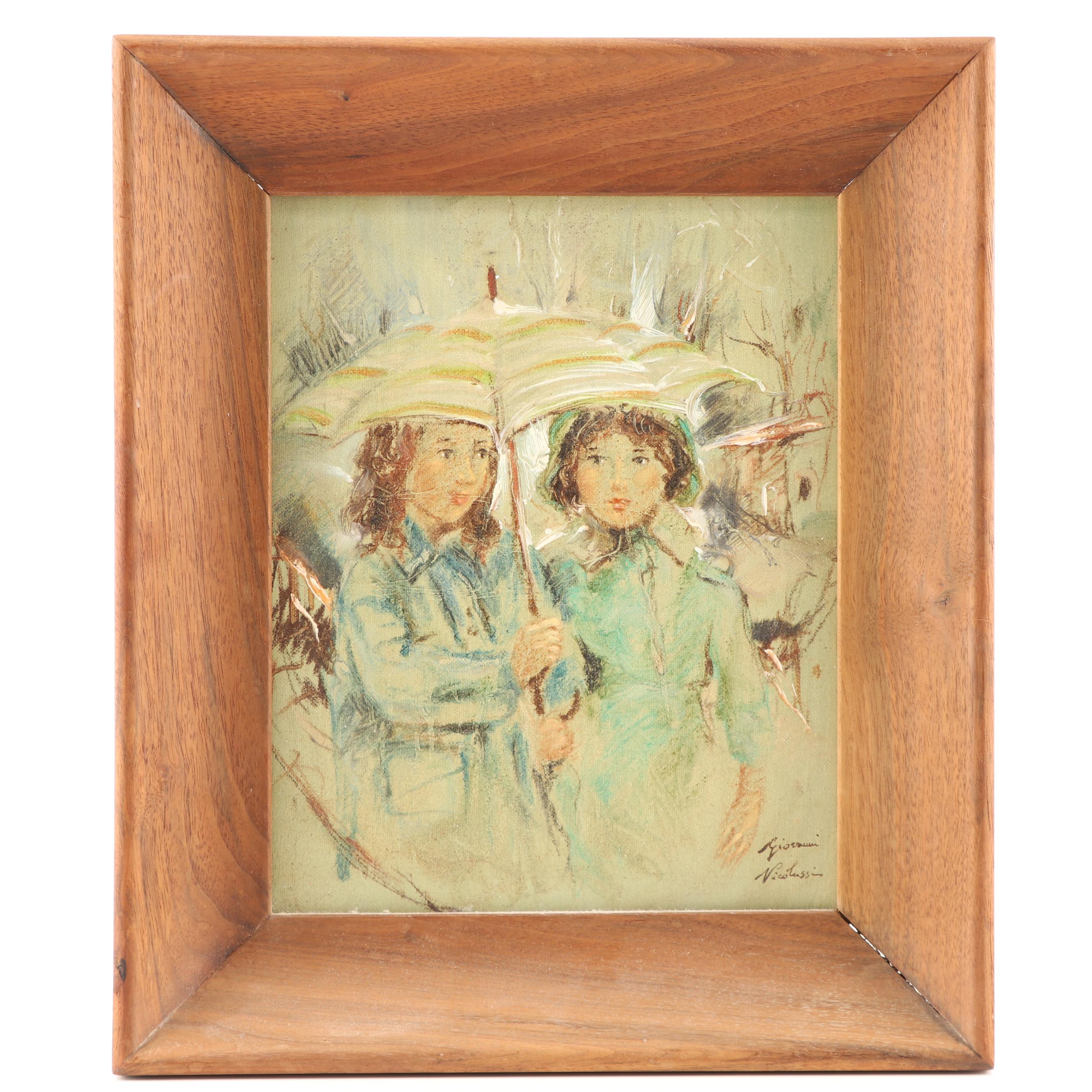 Giovanni Nicolussi Oil Painting of Two Young Girls Under an Umbrella