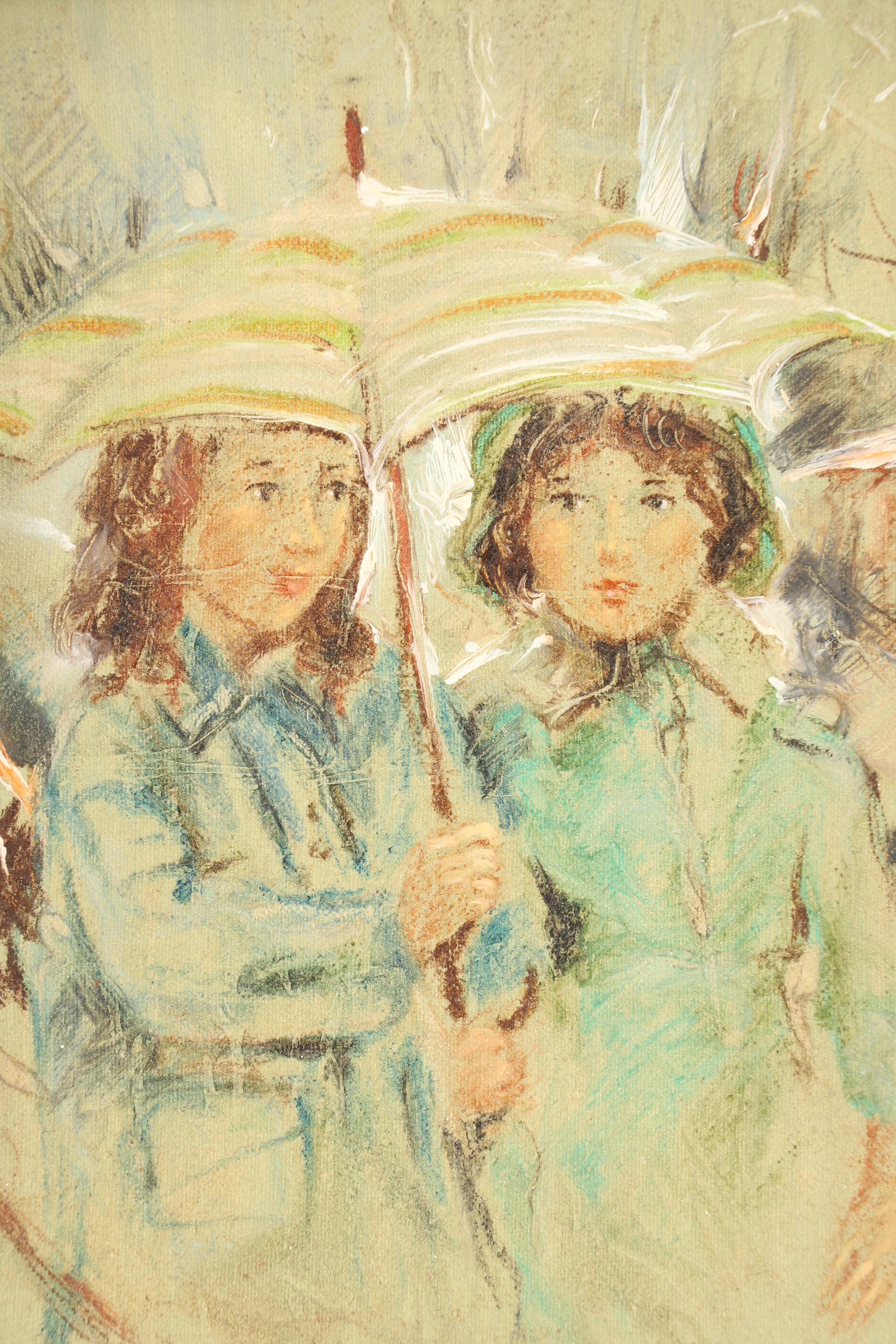 Giovanni Nicolussi Oil Painting of Two Young Girls Under an Umbrella