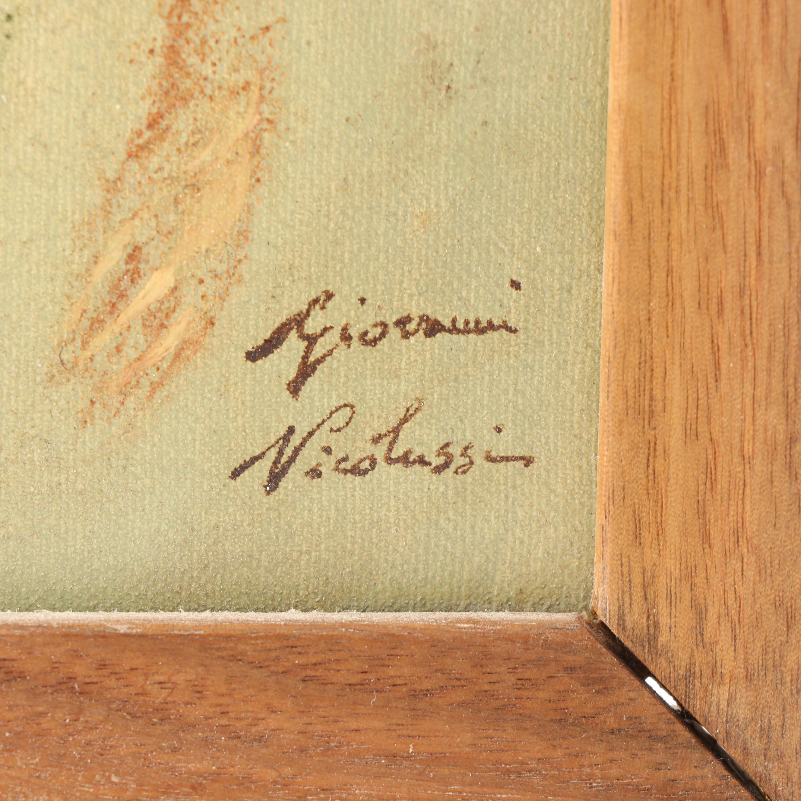 Giovanni Nicolussi Oil Painting of Two Young Girls Under an Umbrella