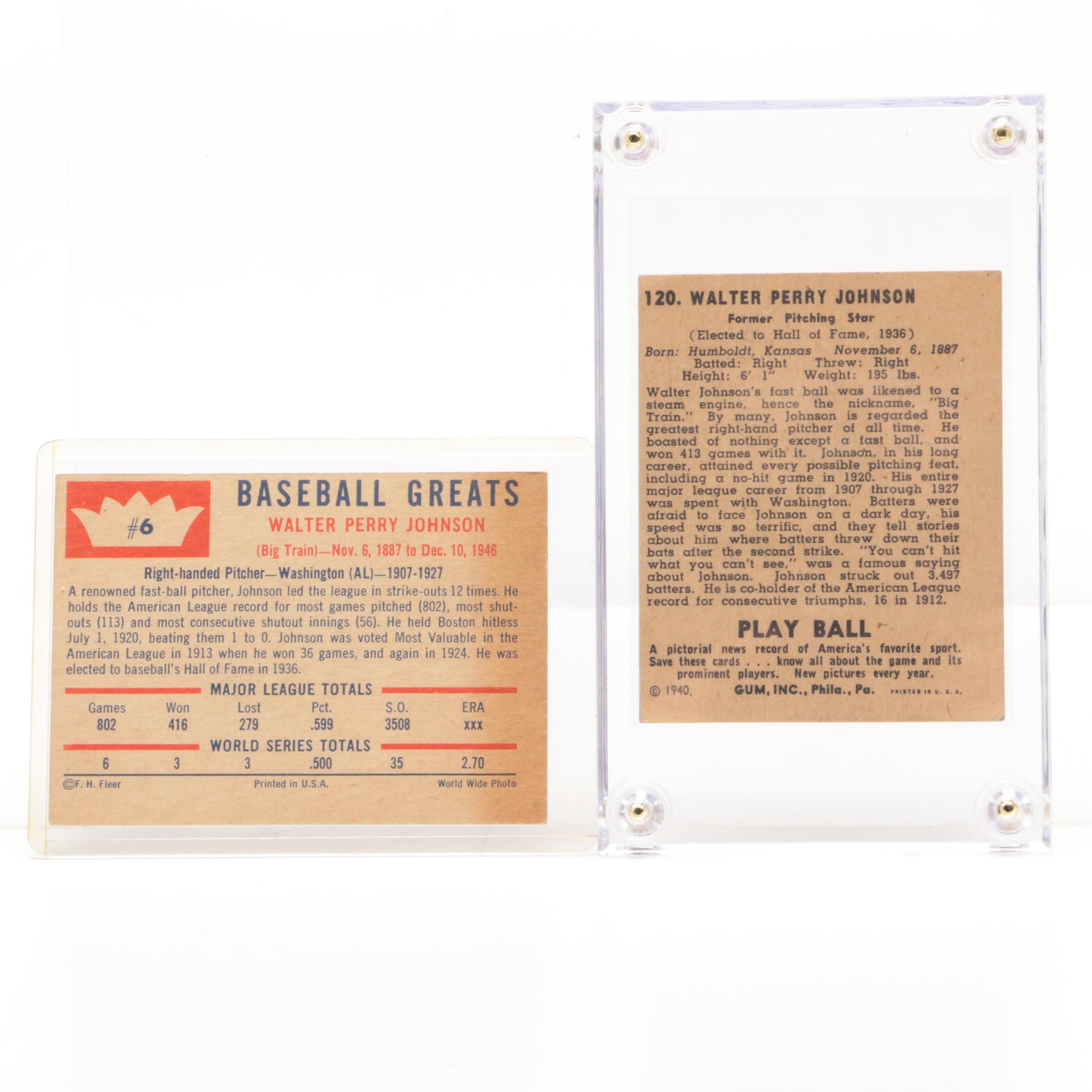 Hall of Fame Pitcher Walter Johnson Baseball Cards Including Play Ball and Fleer