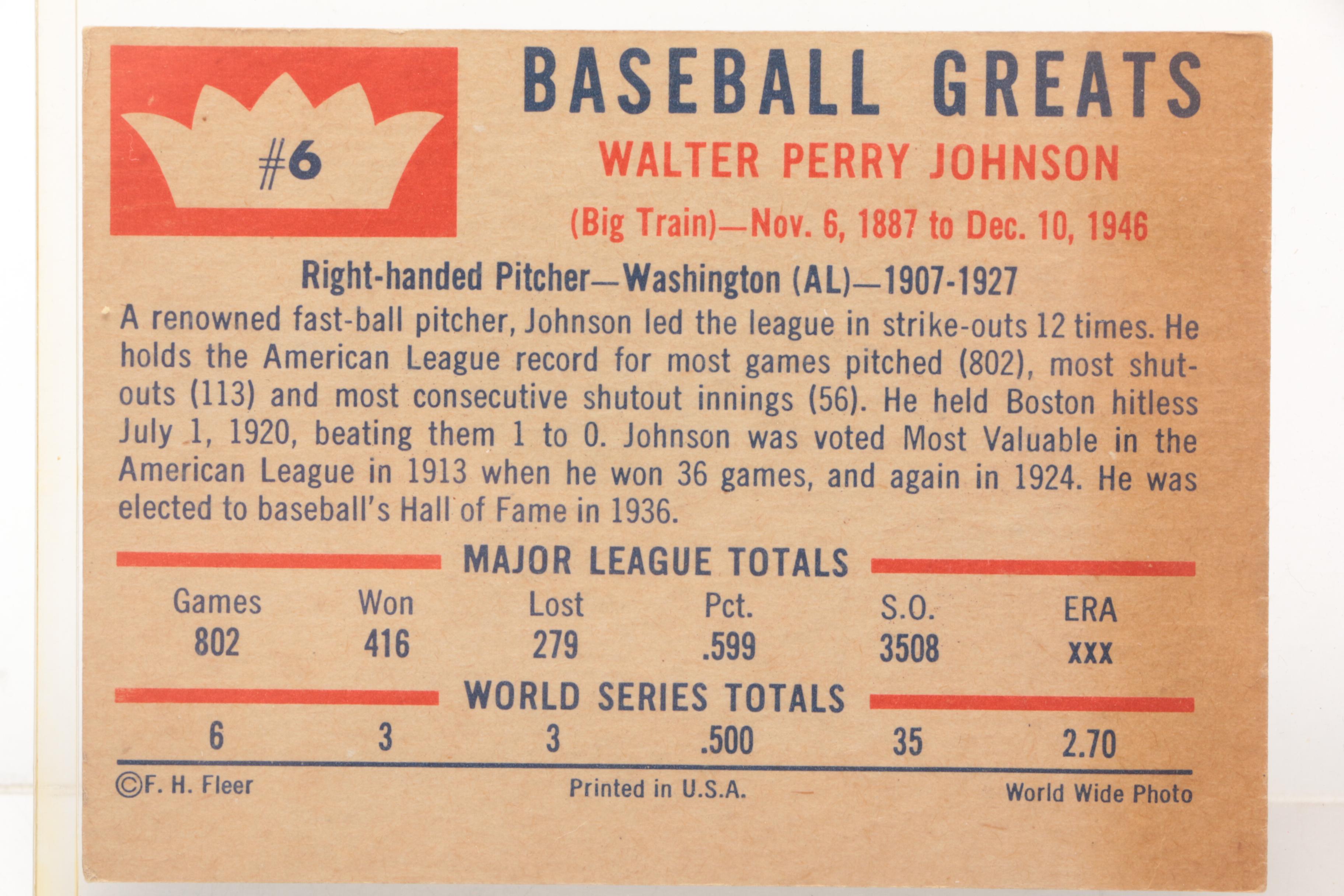 Hall of Fame Pitcher Walter Johnson Baseball Cards Including Play Ball and Fleer