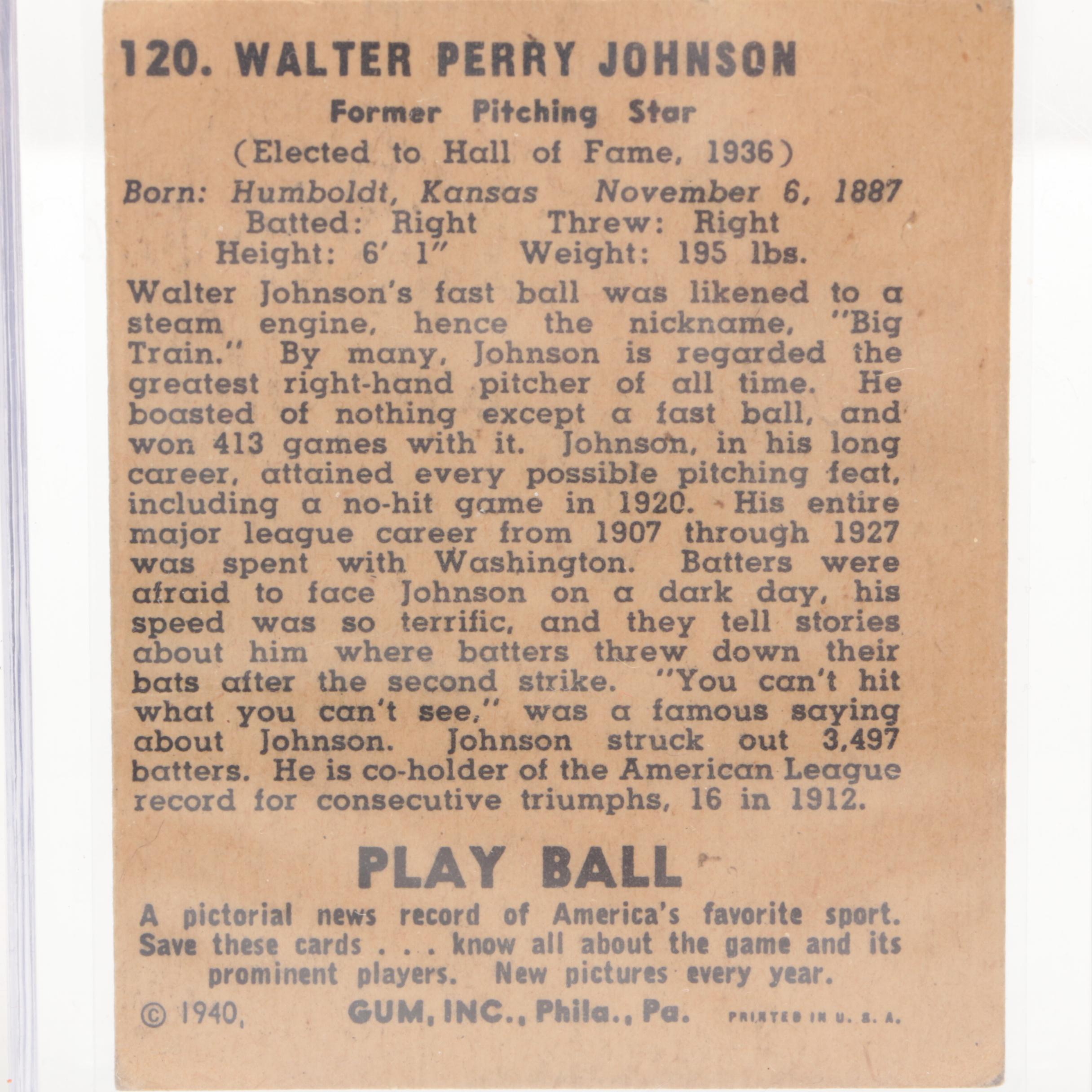 Hall of Fame Pitcher Walter Johnson Baseball Cards Including Play Ball and Fleer