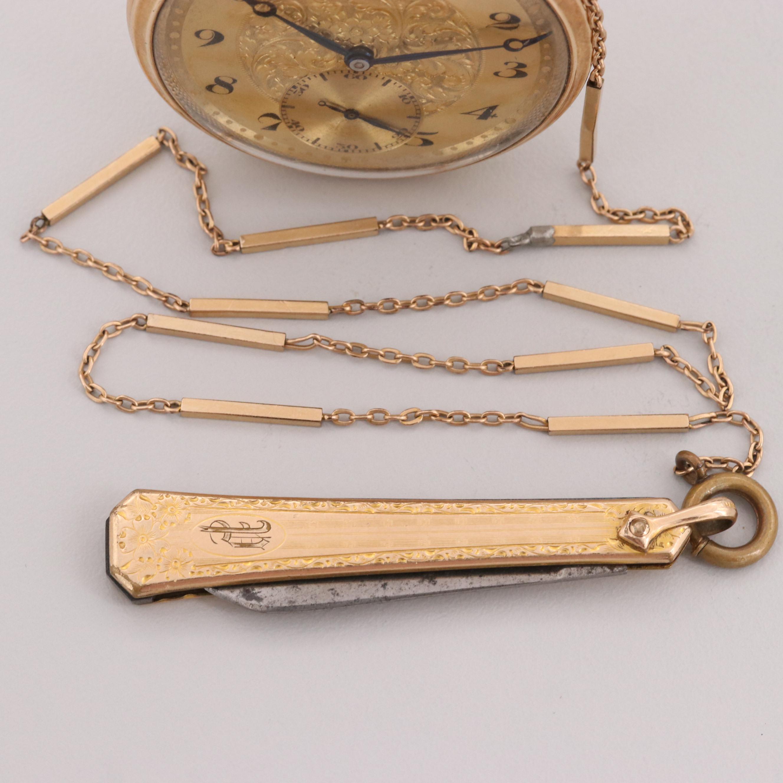Vintage Illinois Gold Filled Open Face Pocket Watch With Chain and Hayward Knife