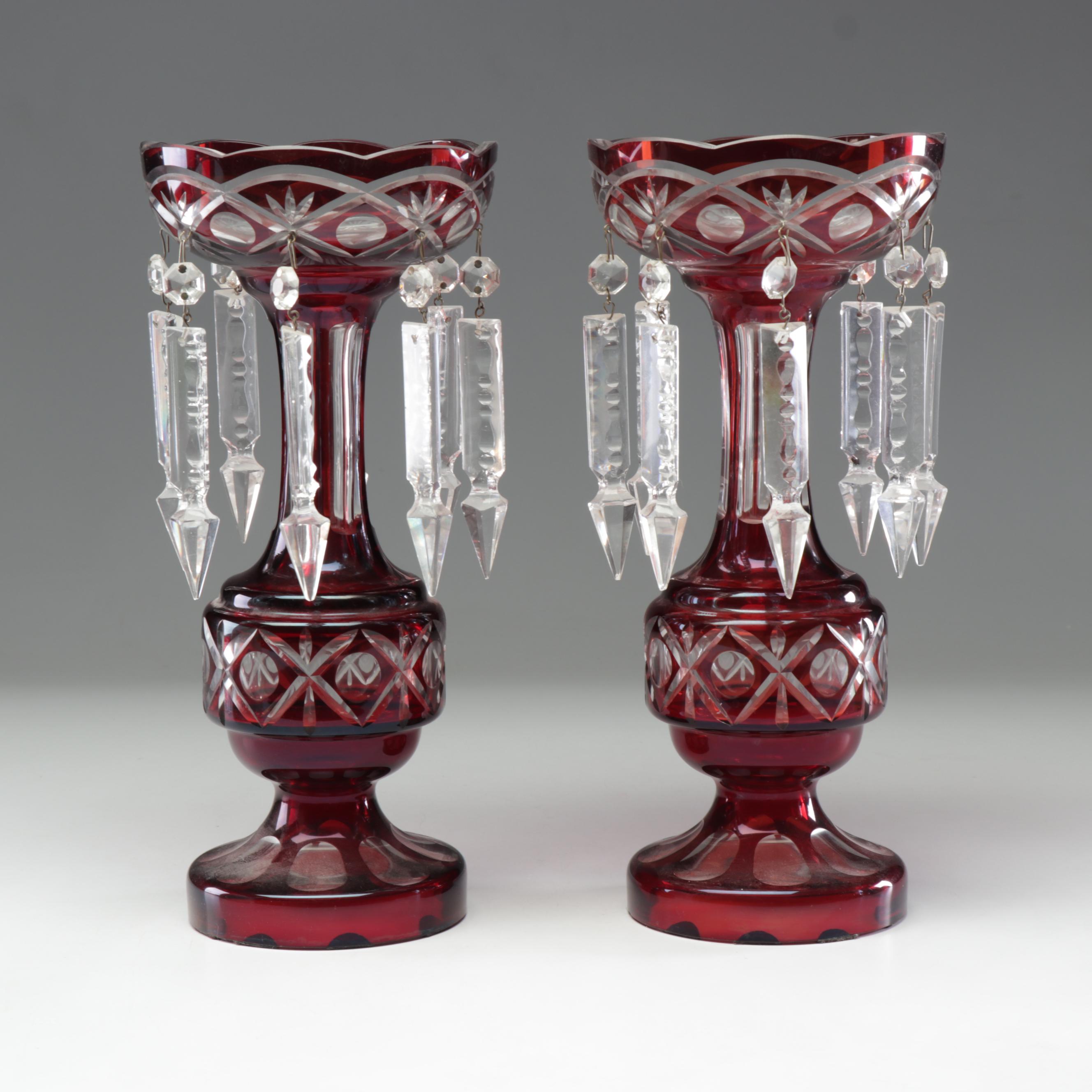 Ruby Crystal Cut to Clear Mantel Lustres with Glass Spear Prisms, Early 20th C