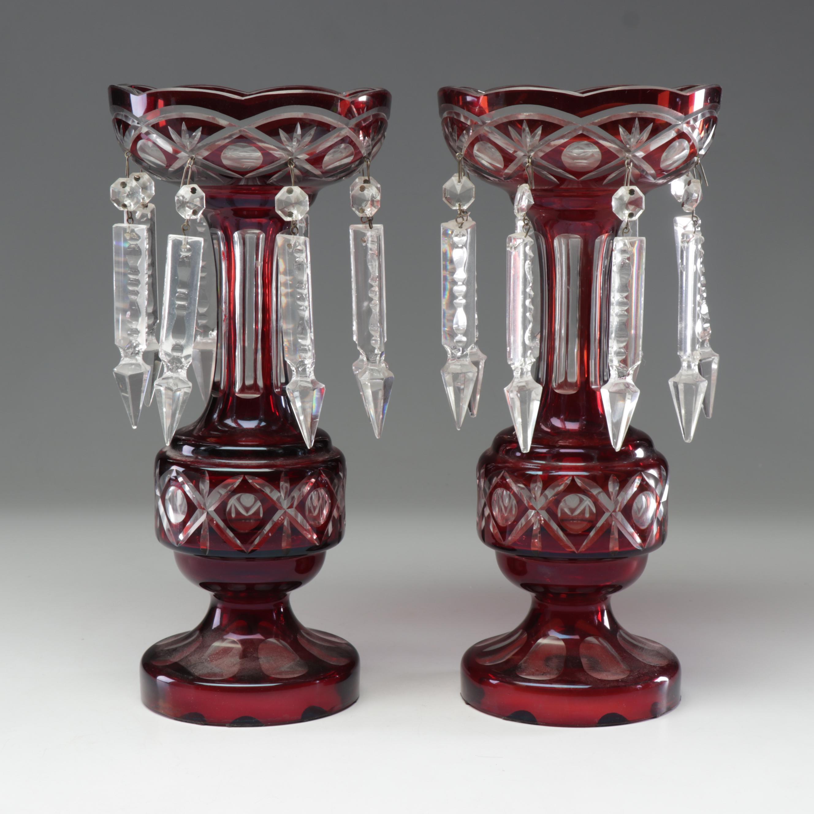 Ruby Crystal Cut to Clear Mantel Lustres with Glass Spear Prisms, Early 20th C
