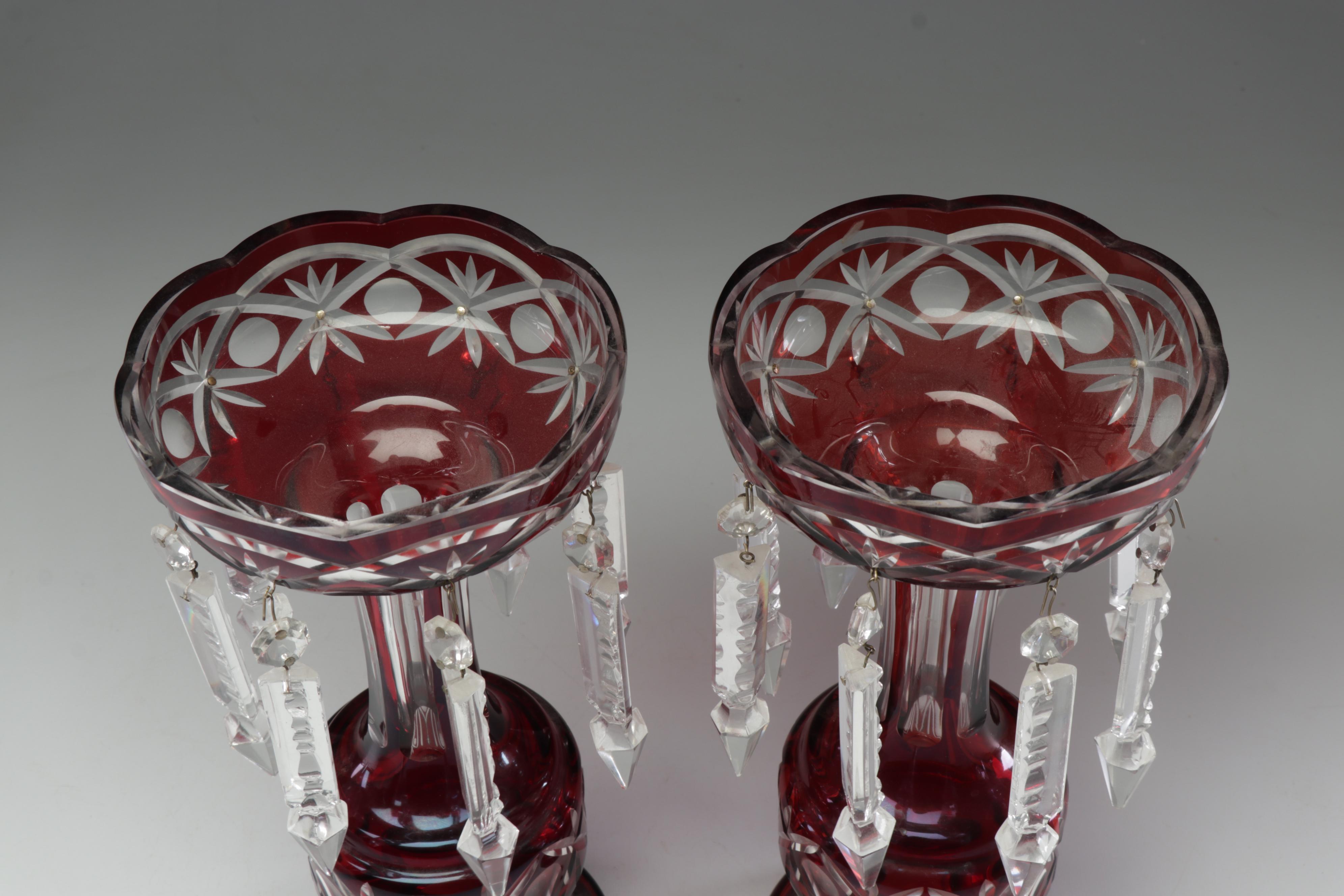 Ruby Crystal Cut to Clear Mantel Lustres with Glass Spear Prisms, Early 20th C