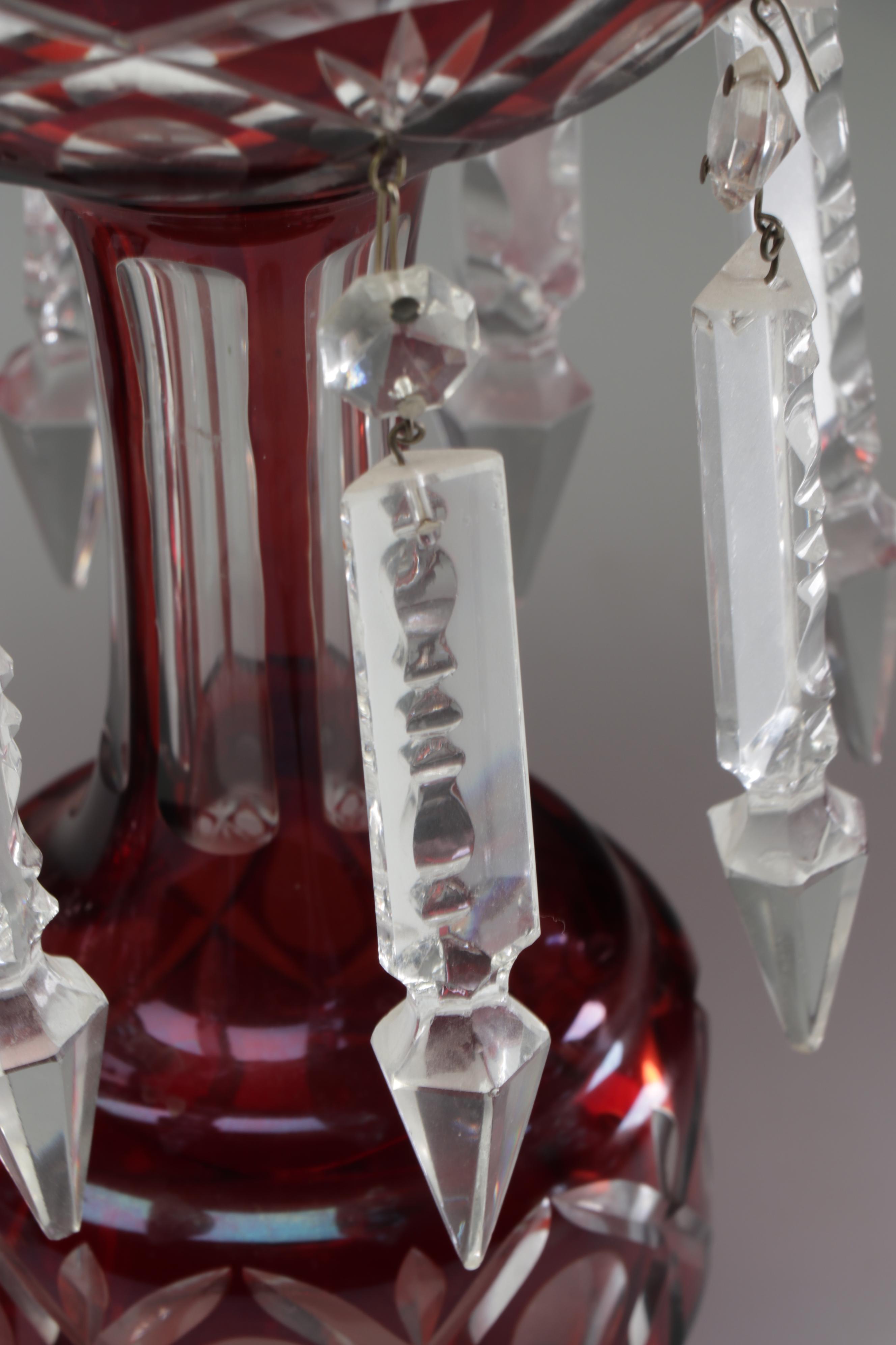 Ruby Crystal Cut to Clear Mantel Lustres with Glass Spear Prisms, Early 20th C