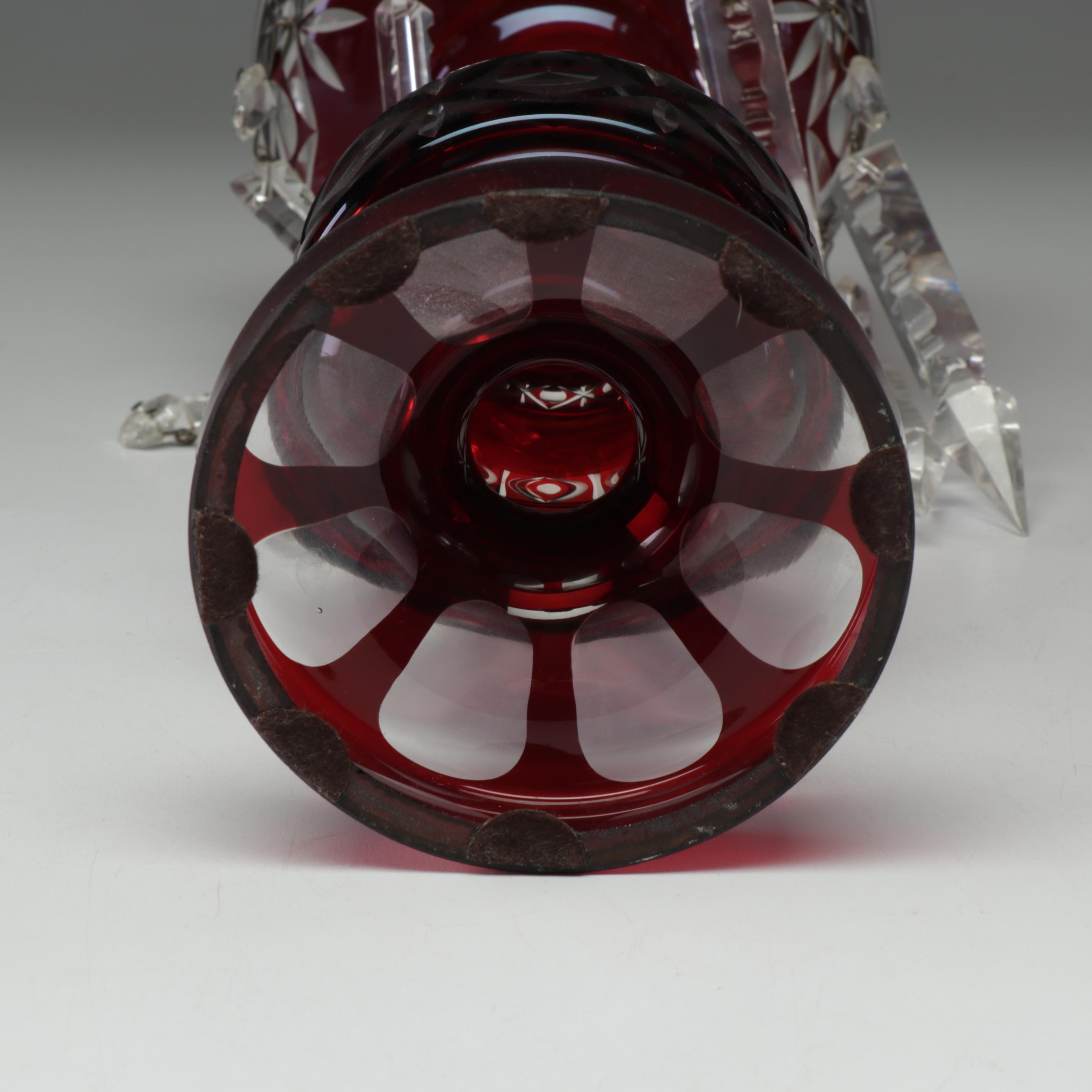 Ruby Crystal Cut to Clear Mantel Lustres with Glass Spear Prisms, Early 20th C