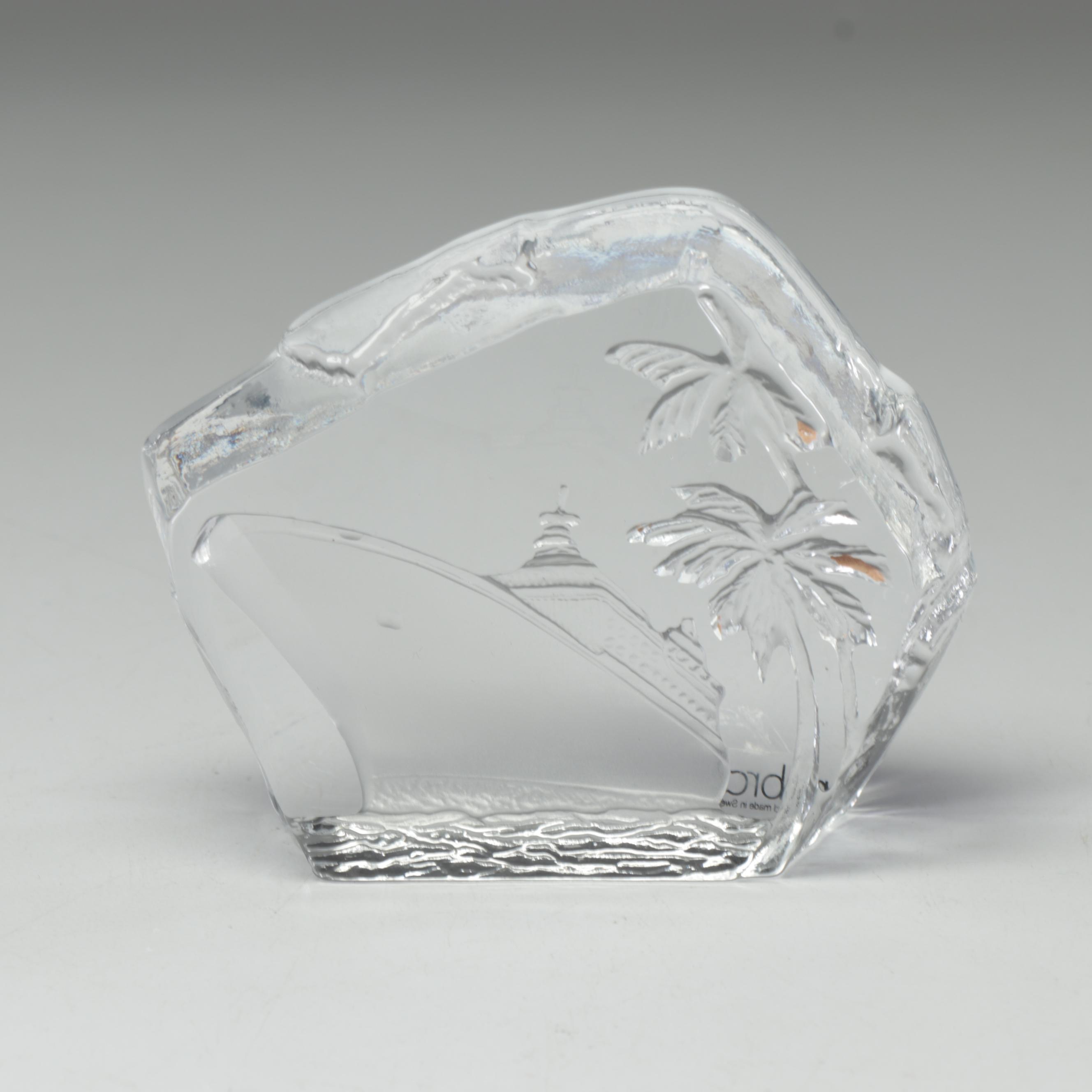 Swedish Nybro Crystal "Yacht" Block Paperweight