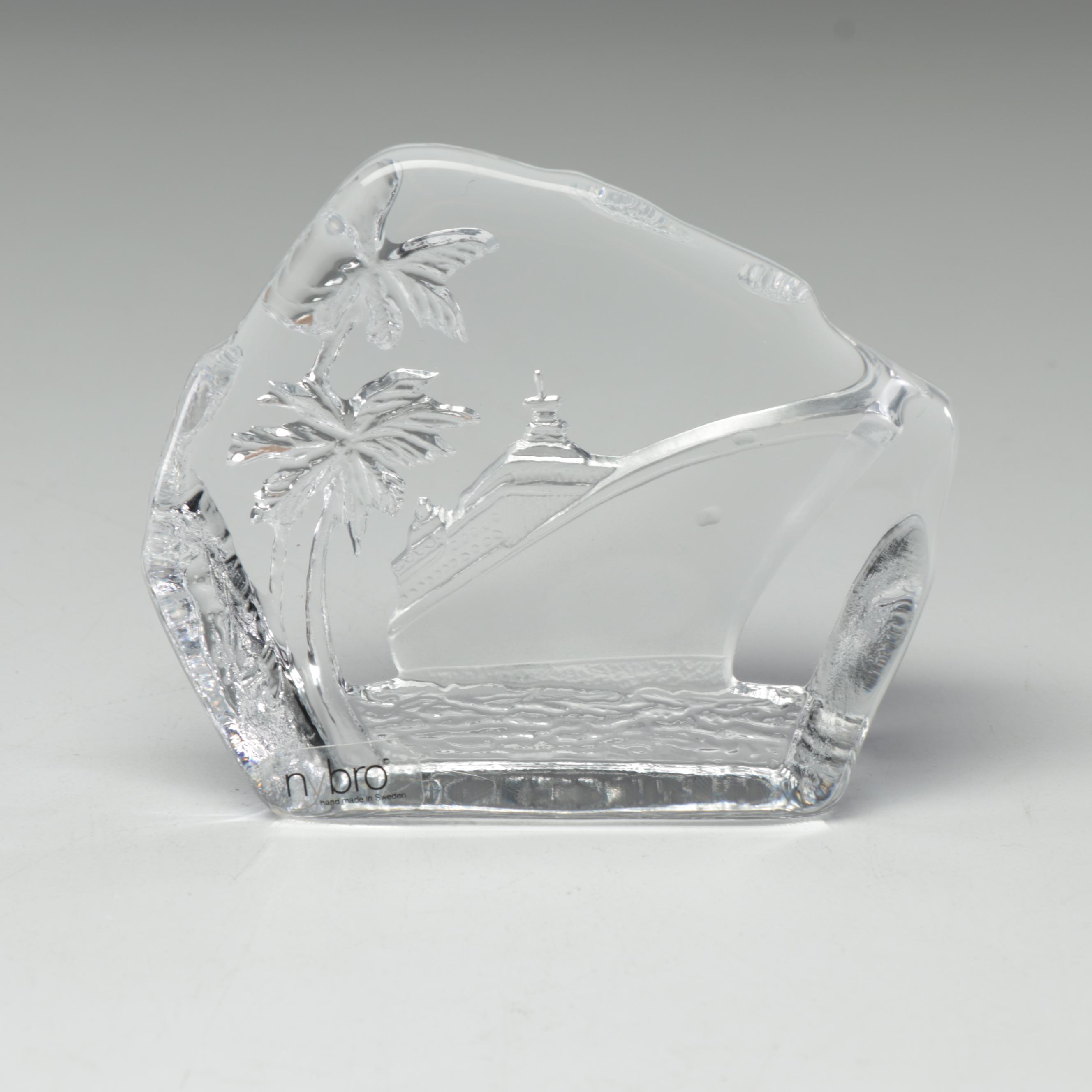 Swedish Nybro Crystal "Yacht" Block Paperweight