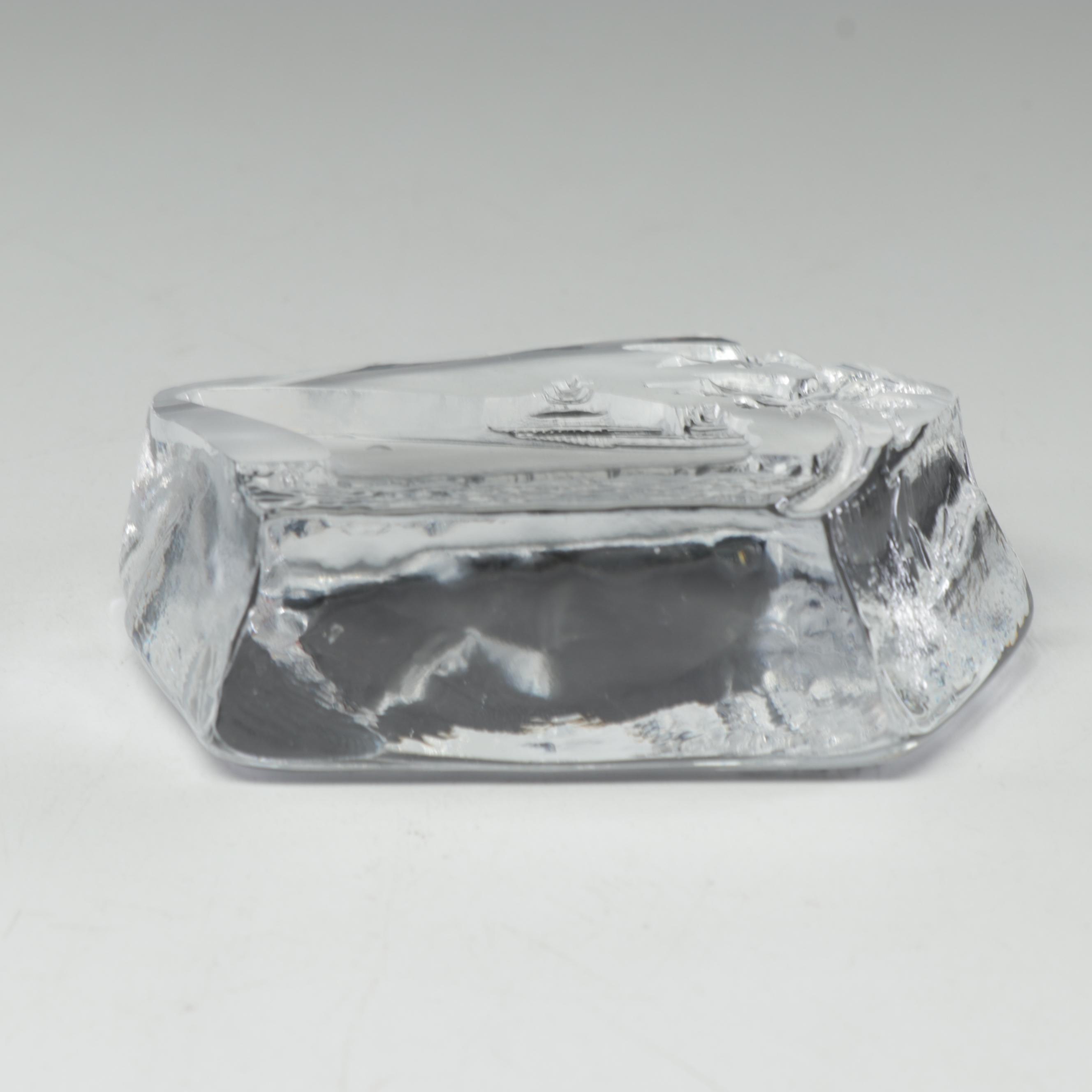 Swedish Nybro Crystal "Yacht" Block Paperweight