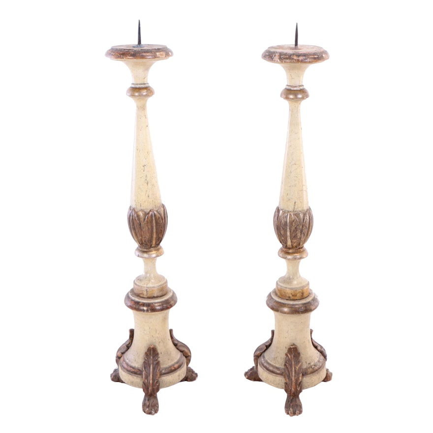 Painted and Parcel-Gilt Pricket Candlesticks, Probably Italian, 19th Century