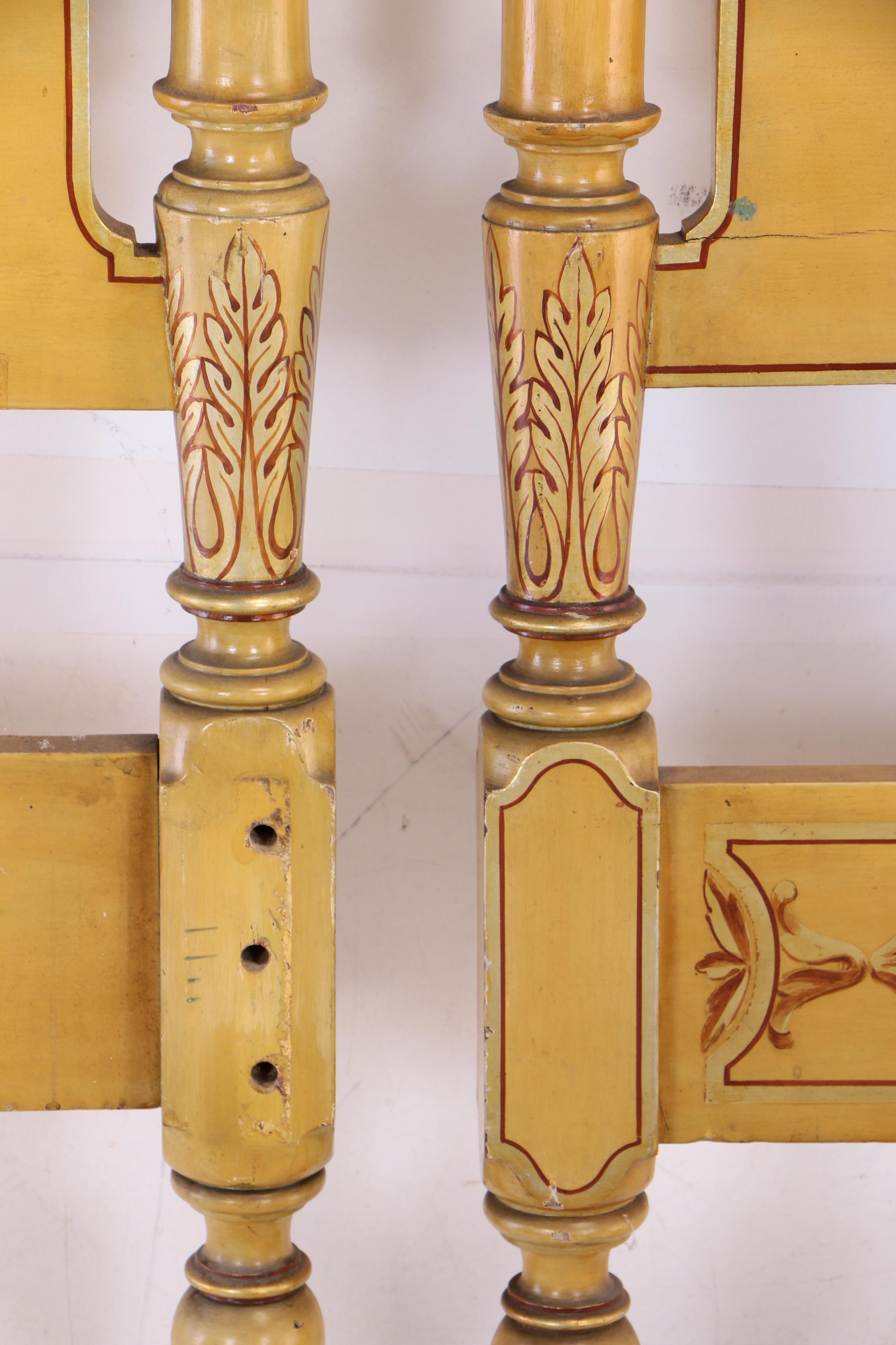 Paint-Decorated and Parcel-Gilt Four-Post Twin Size Bed Frame