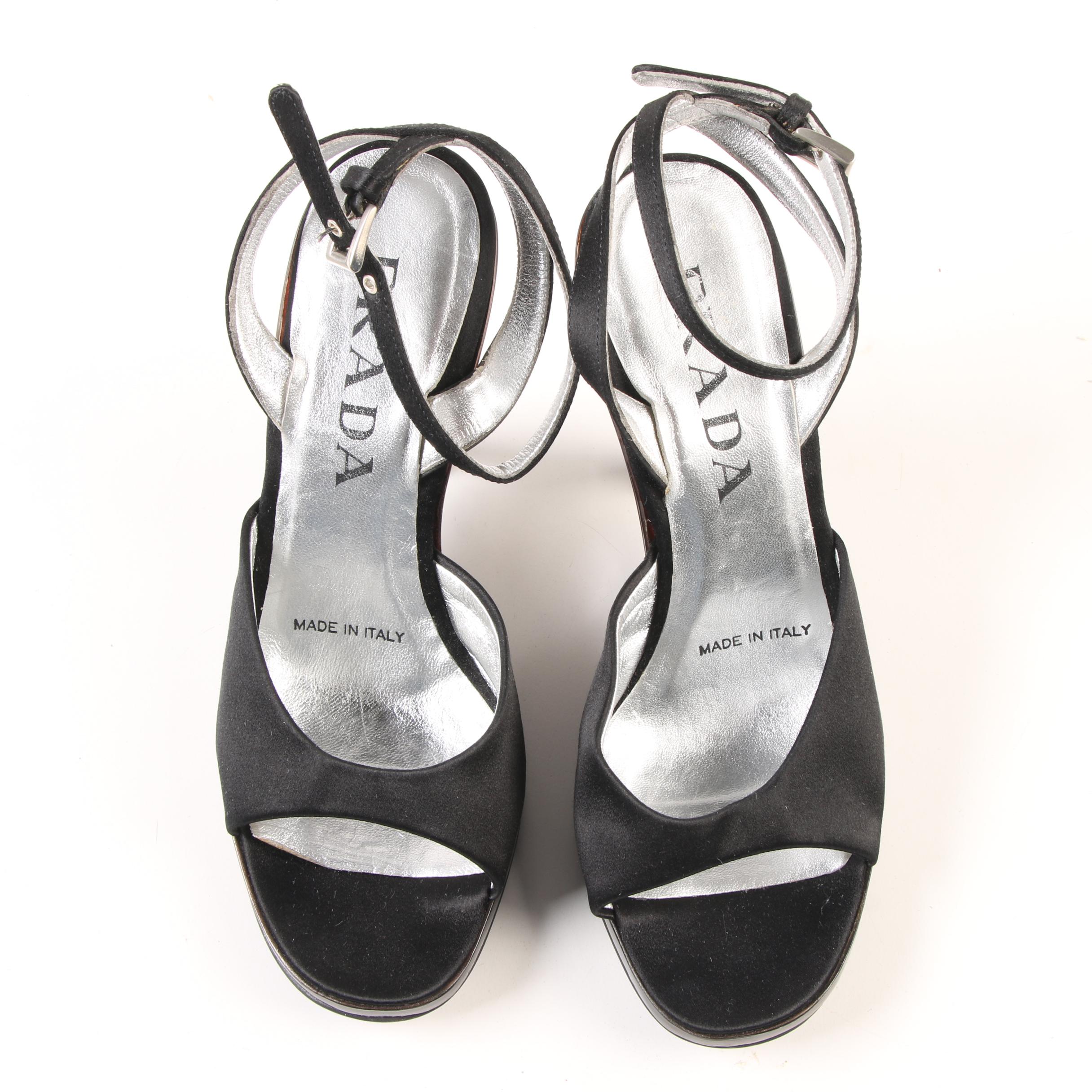Prada Black Satin and Transparent Smokey Lucite Wedge Ankle-Strap Heels