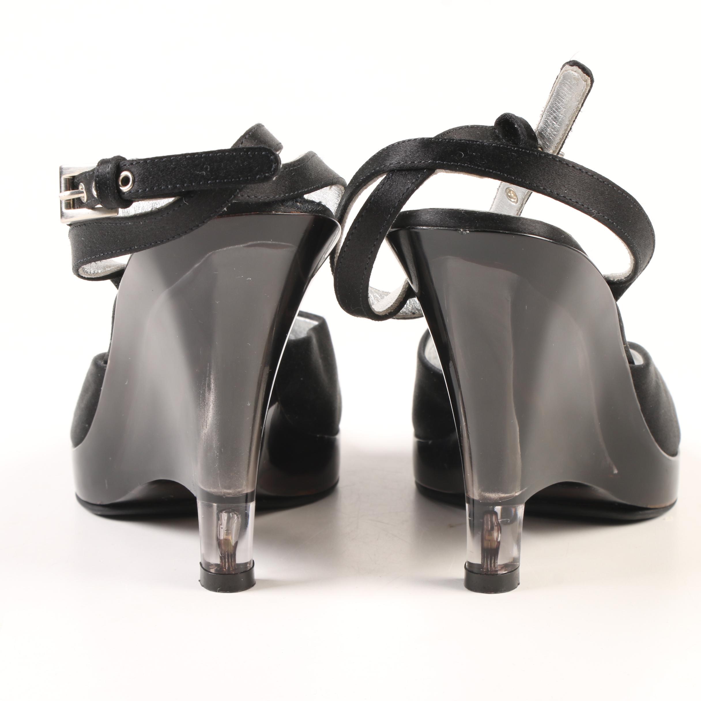 Prada Black Satin and Transparent Smokey Lucite Wedge Ankle-Strap Heels