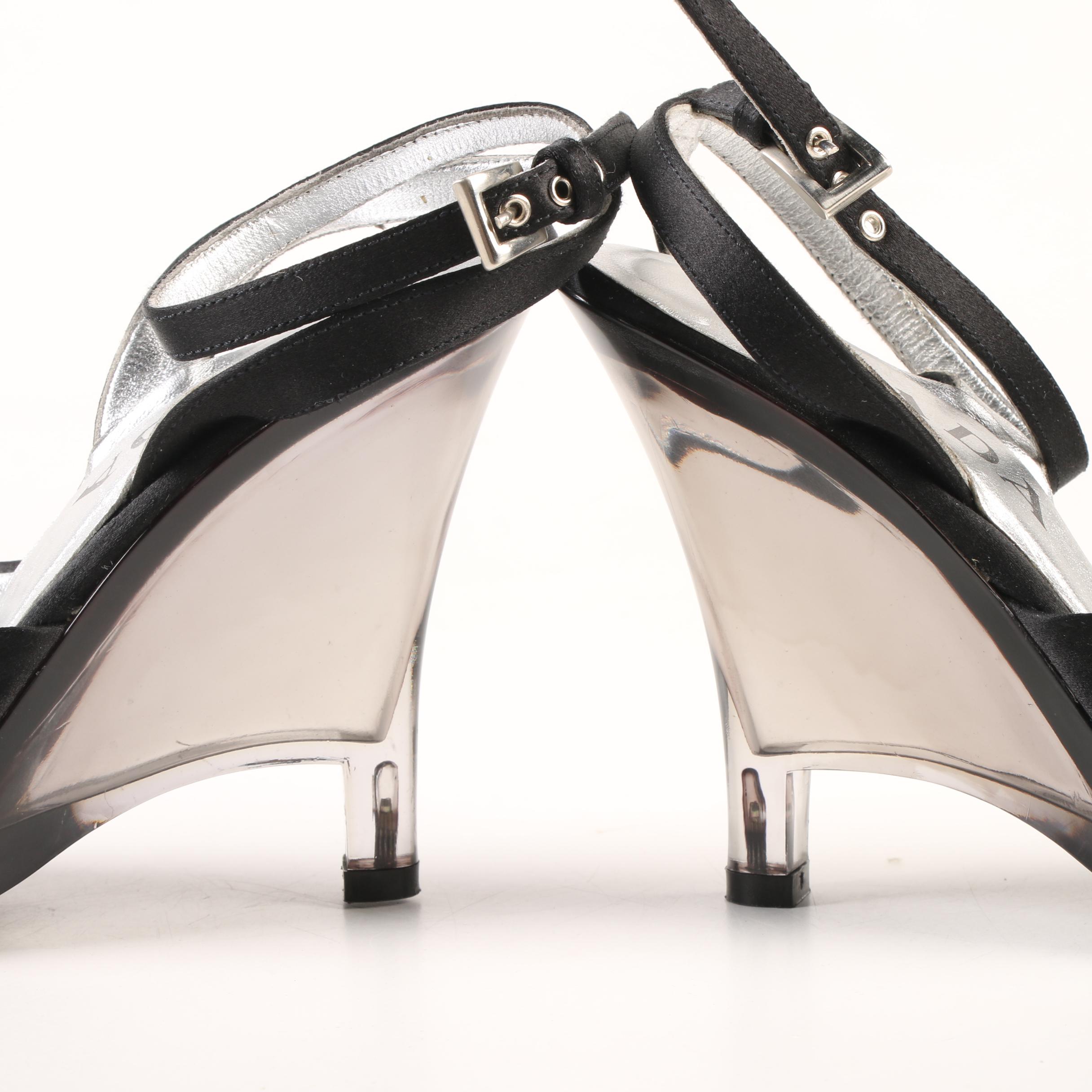 Prada Black Satin and Transparent Smokey Lucite Wedge Ankle-Strap Heels