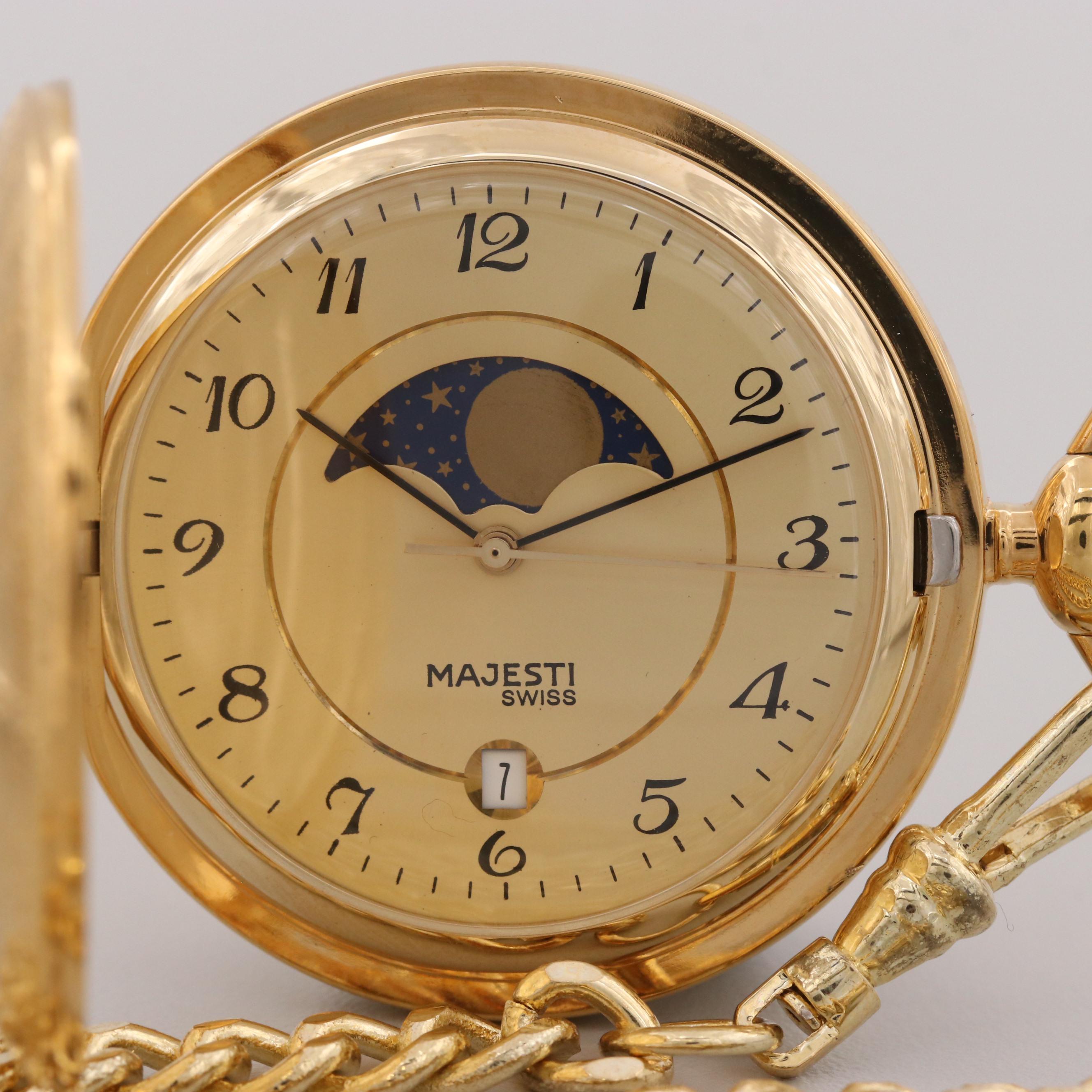 Majesti Gold Tone Quartz Open Face Pocket Watch With Fob Chain