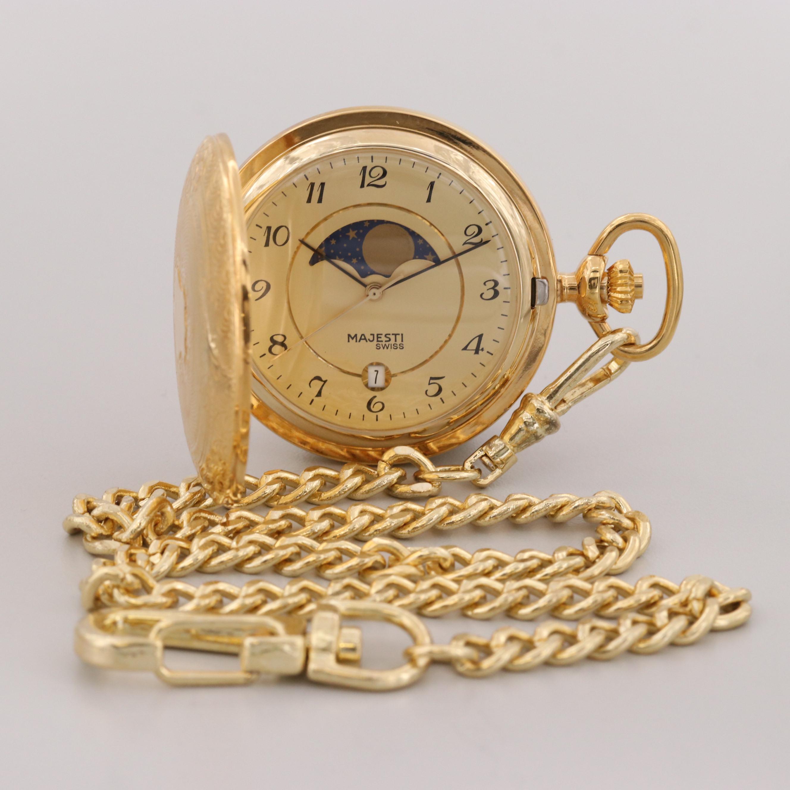 Majesti Gold Tone Quartz Open Face Pocket Watch With Fob Chain