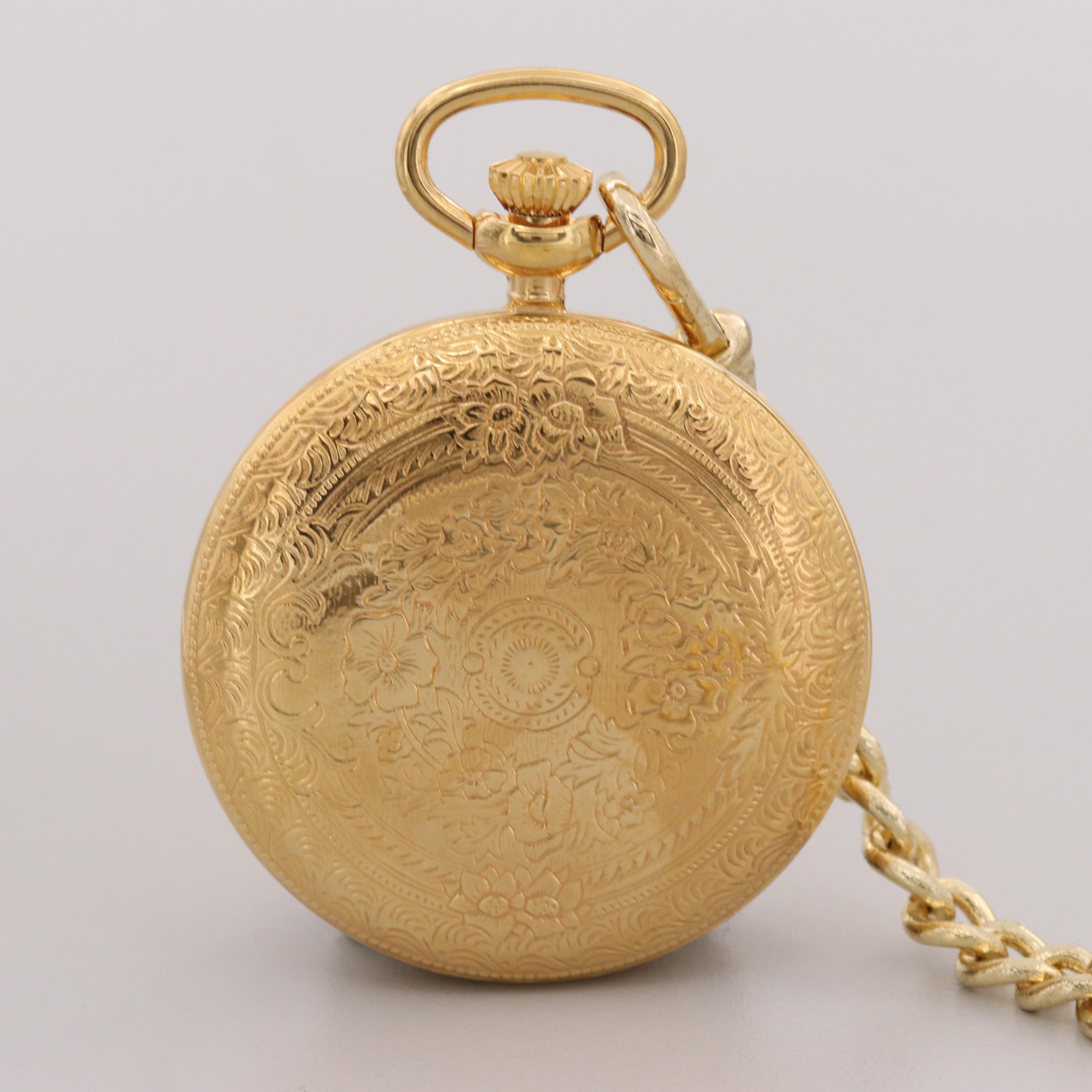 Majesti Gold Tone Quartz Open Face Pocket Watch With Fob Chain