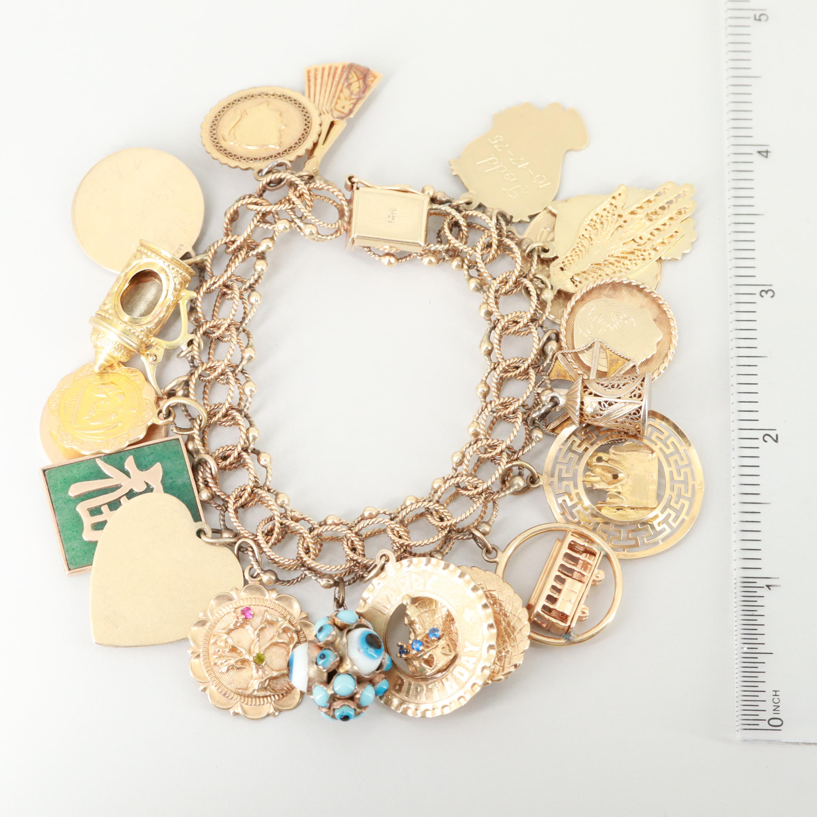 Vintage 14K Charm Bracelet with 18K, 10K, Synthetic Ruby and Synthetic Spinel