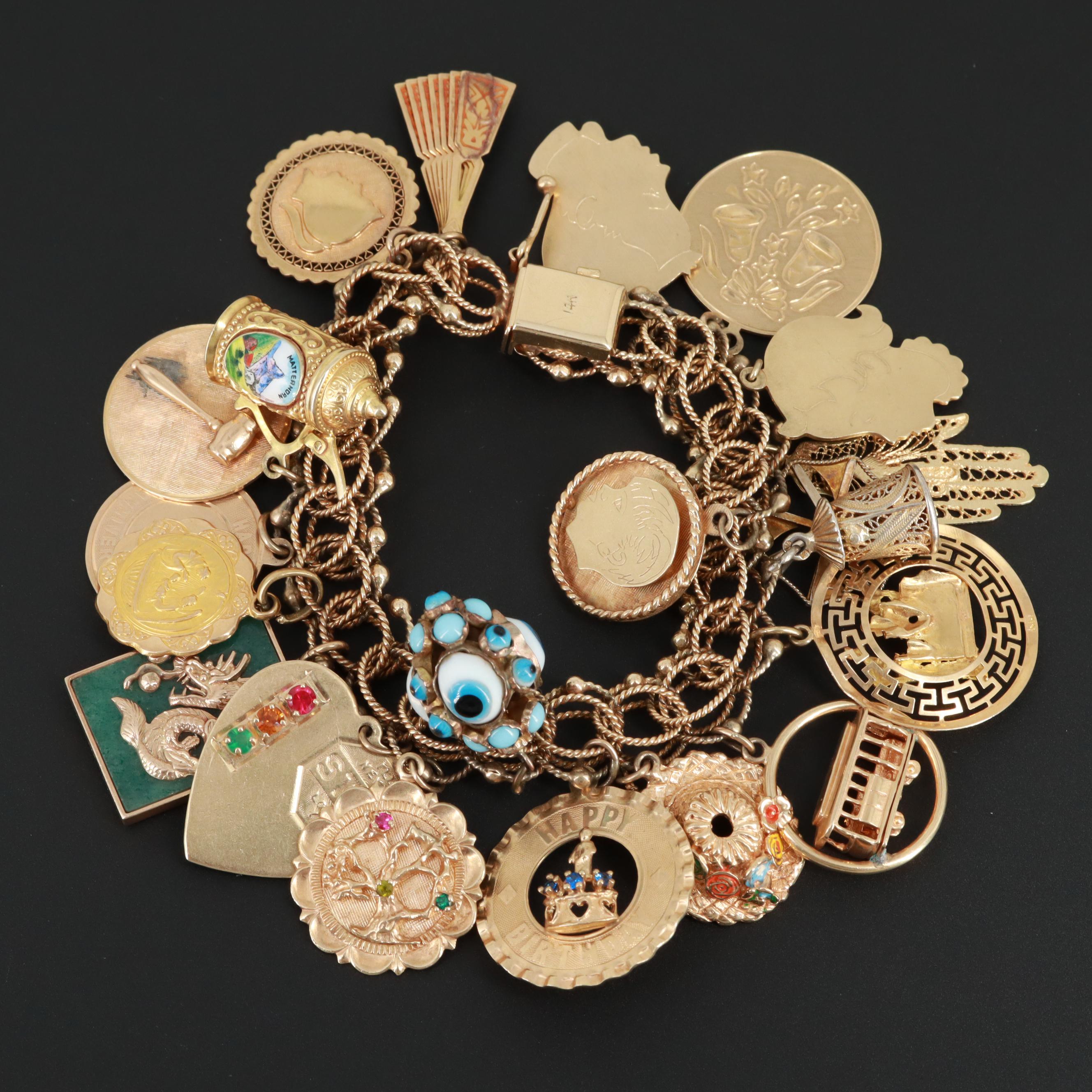 Vintage 14K Charm Bracelet with 18K, 10K, Synthetic Ruby and Synthetic Spinel