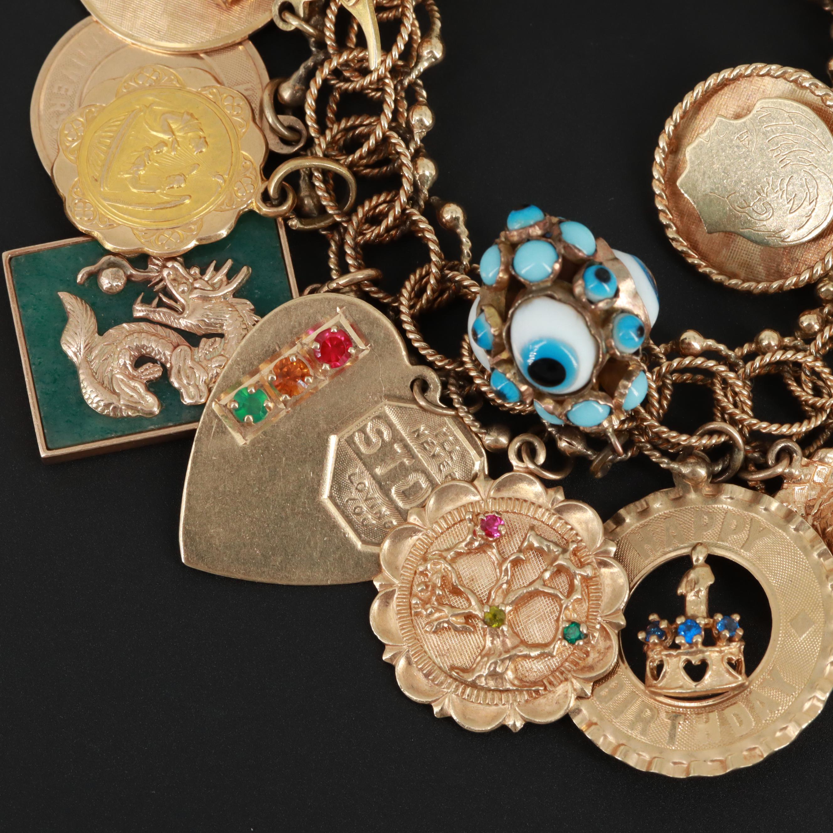 Vintage 14K Charm Bracelet with 18K, 10K, Synthetic Ruby and Synthetic Spinel