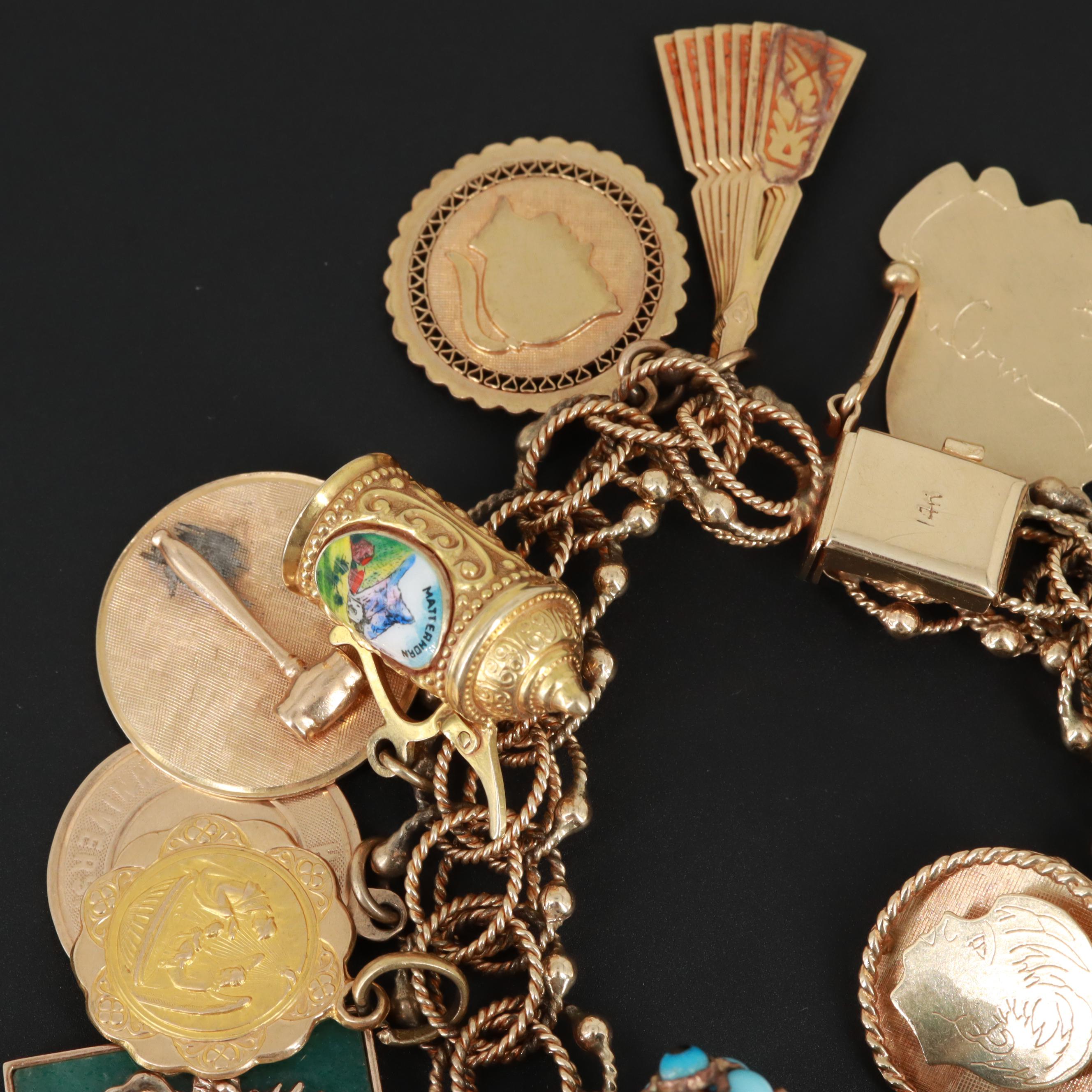 Vintage 14K Charm Bracelet with 18K, 10K, Synthetic Ruby and Synthetic Spinel