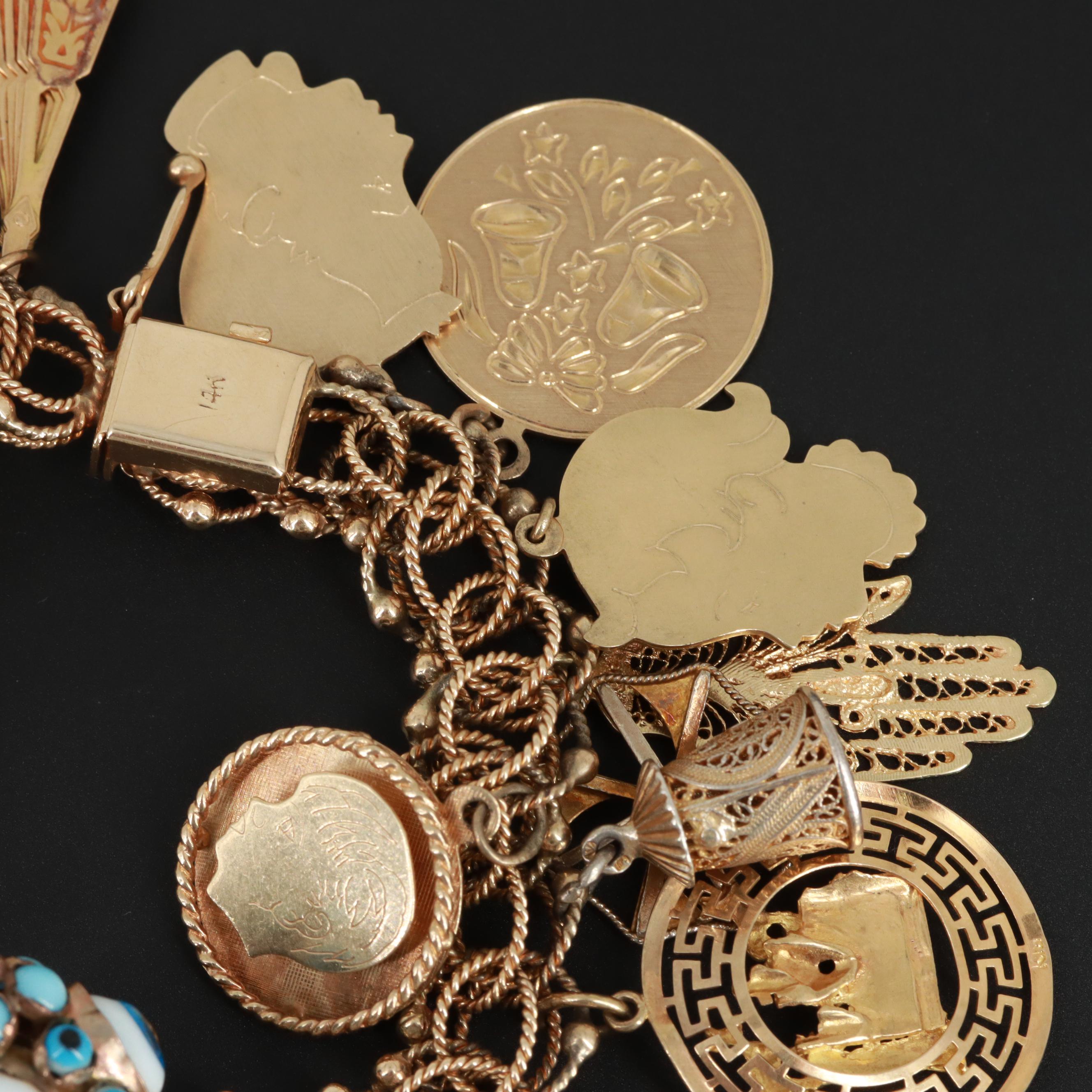 Vintage 14K Charm Bracelet with 18K, 10K, Synthetic Ruby and Synthetic Spinel