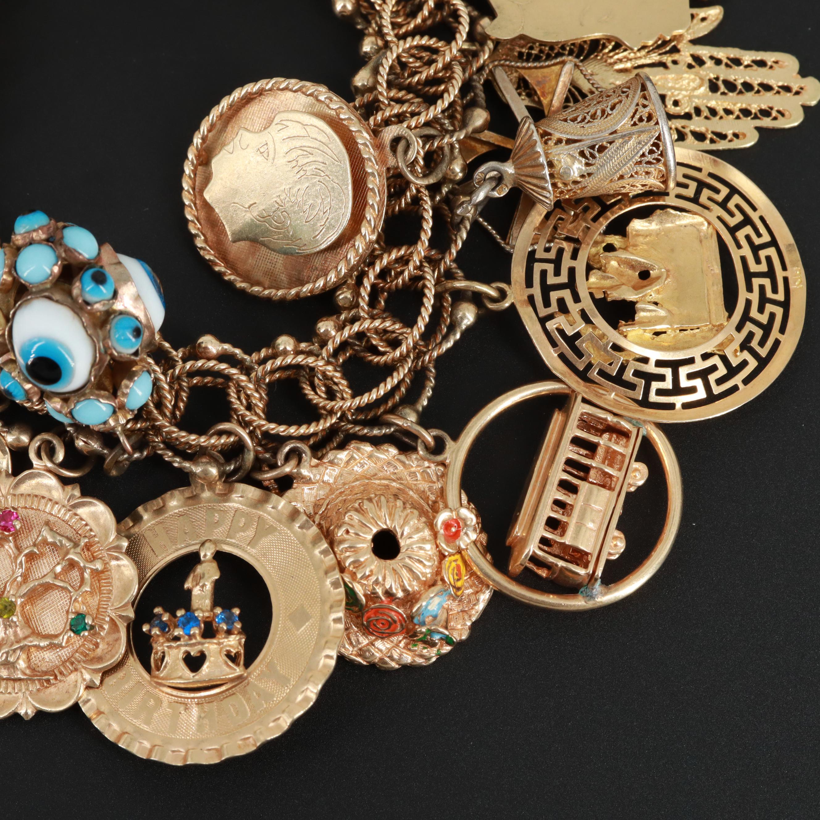 Vintage 14K Charm Bracelet with 18K, 10K, Synthetic Ruby and Synthetic Spinel