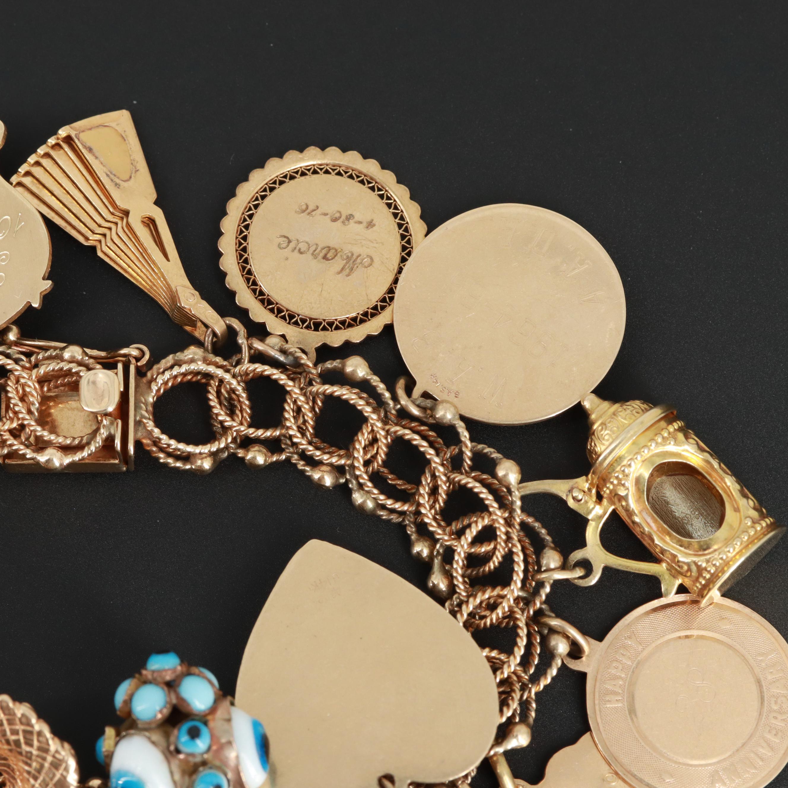 Vintage 14K Charm Bracelet with 18K, 10K, Synthetic Ruby and Synthetic Spinel