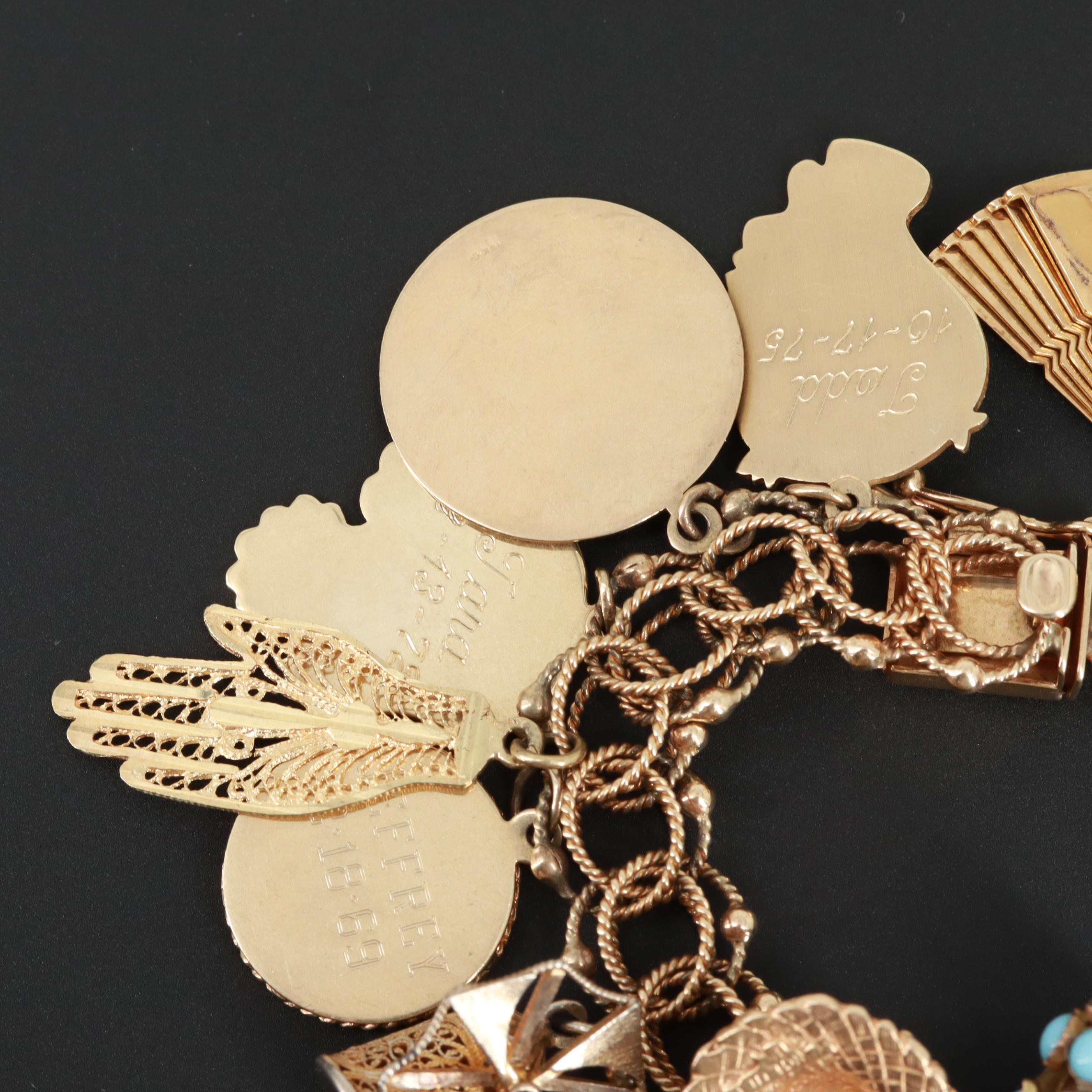 Vintage 14K Charm Bracelet with 18K, 10K, Synthetic Ruby and Synthetic Spinel