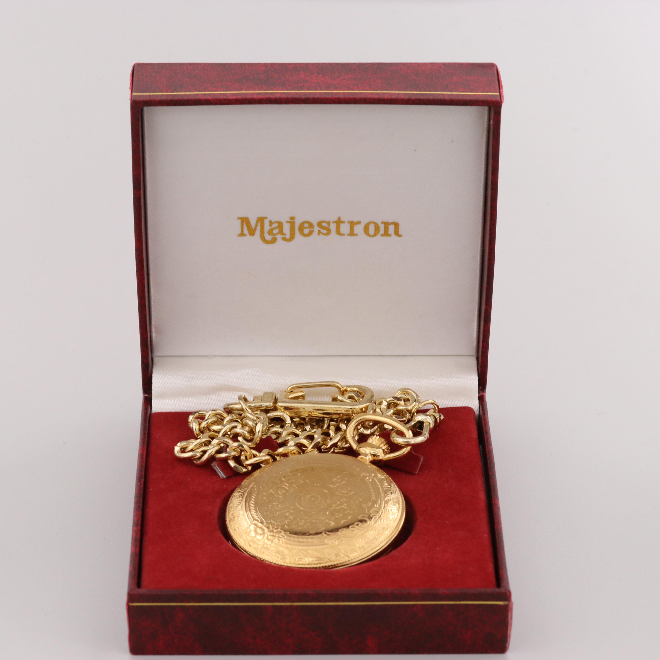 Majesti Gold Tone Quartz Open Face Pocket Watch With Fob Chain